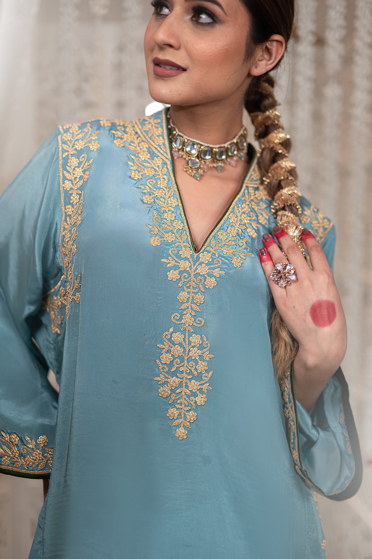 Blue Shoulder Phiran w Tulip Pants