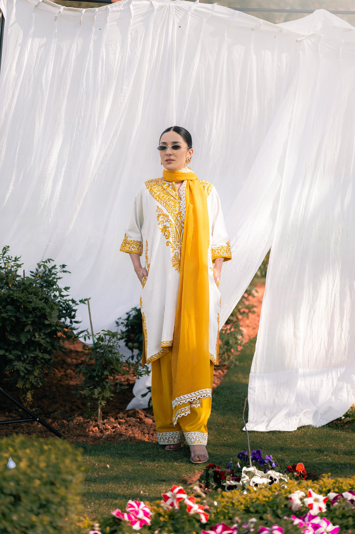 White & mustard cotton suit with aari embroidery