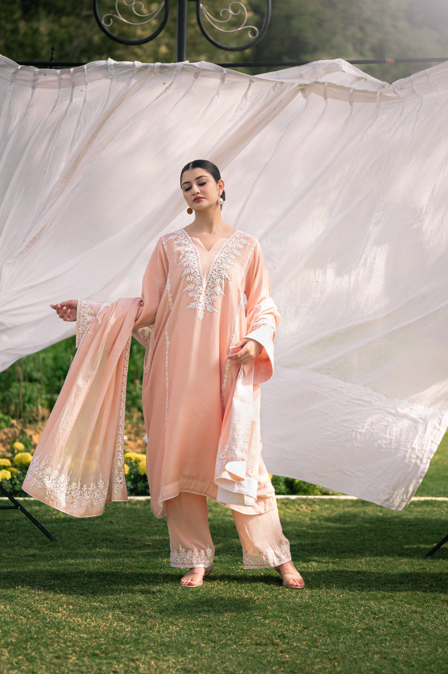 Light peach muslin suit with aari embroidery