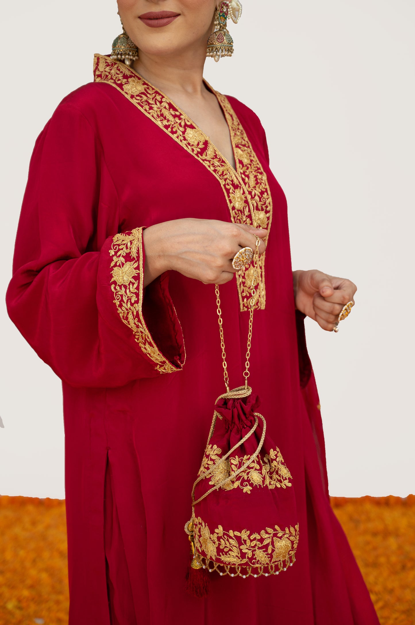 Cherry Red Crepe Tilla Suit with Potli