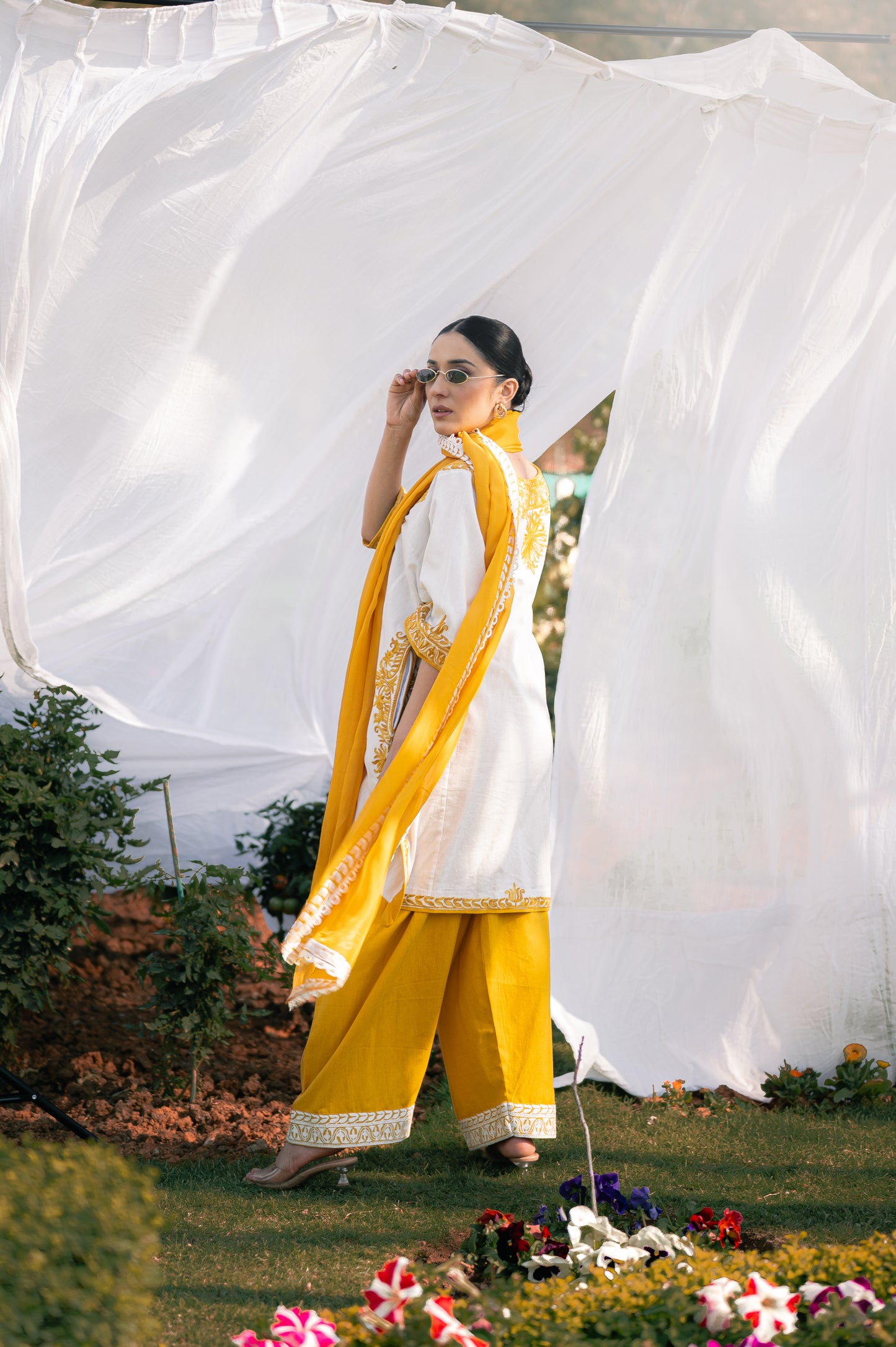 White & mustard cotton suit with aari embroidery
