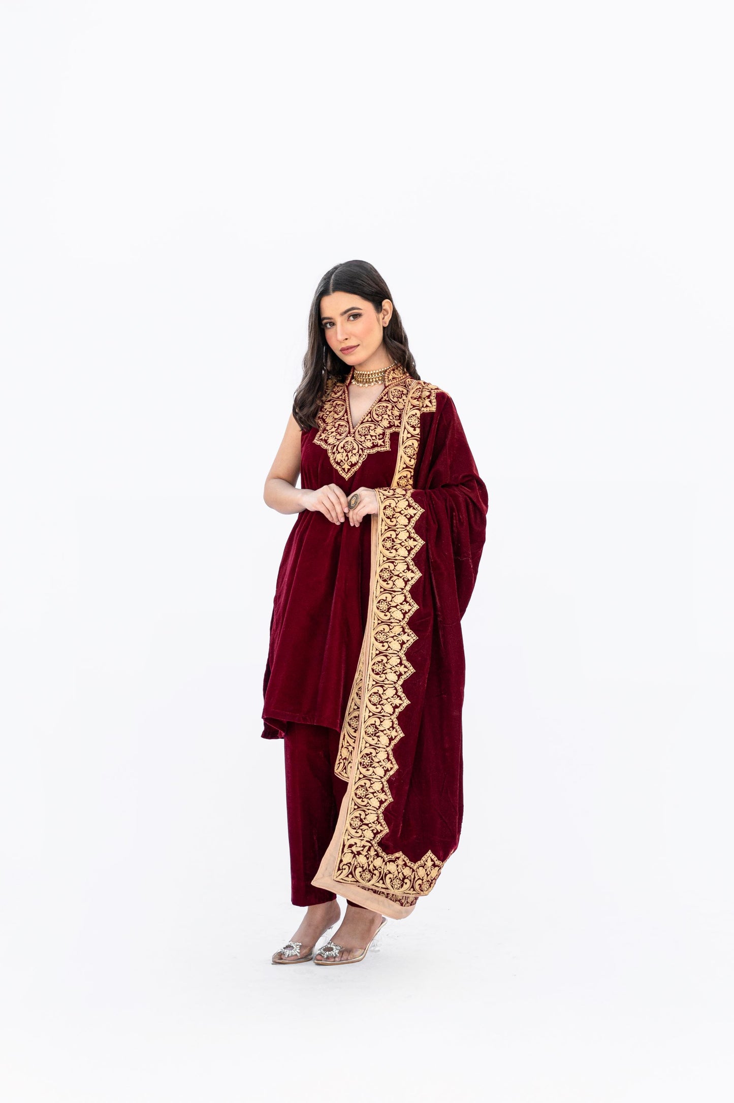 Maroon velvet minar cape set