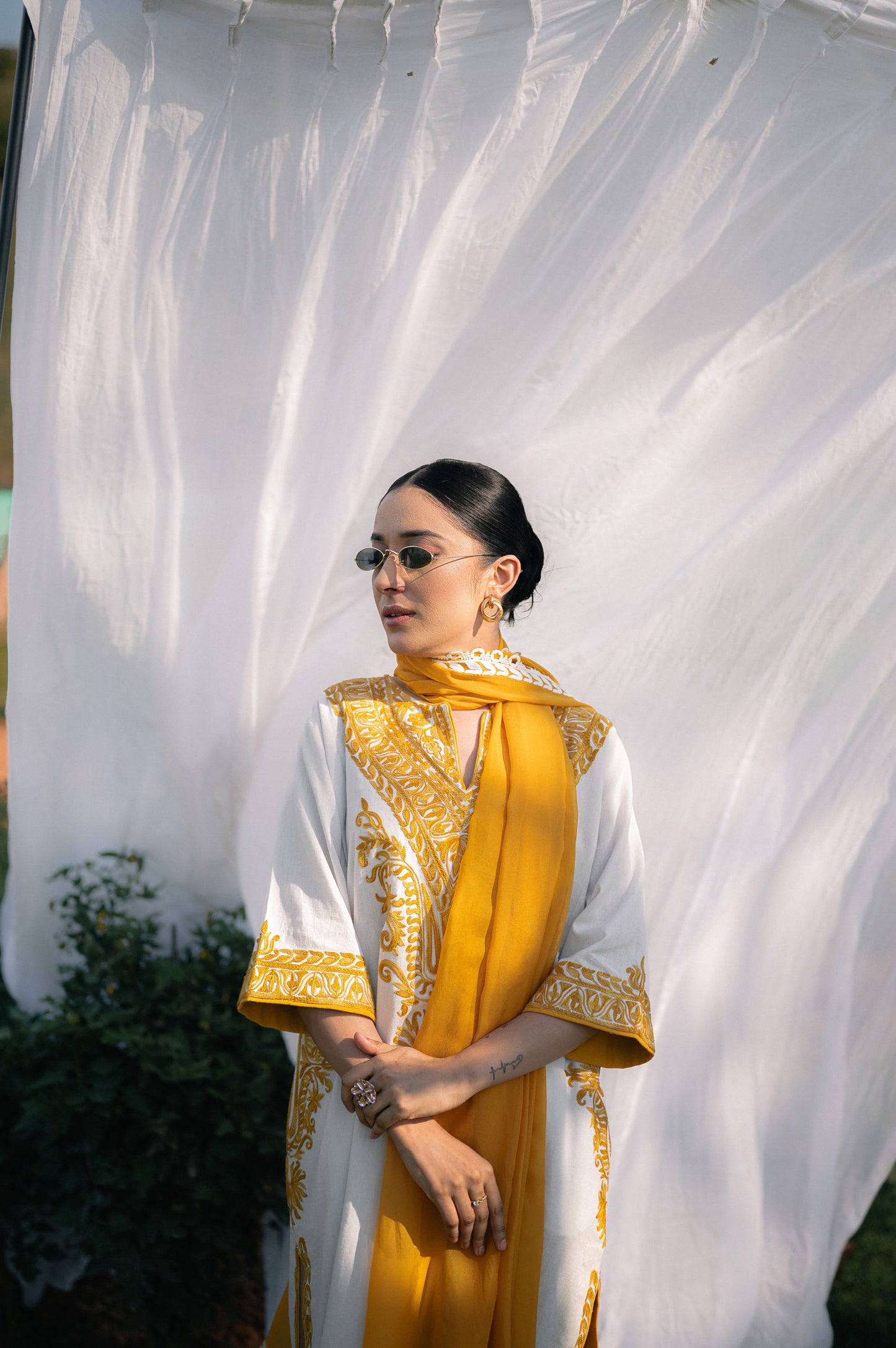 White & mustard cotton suit with aari embroidery