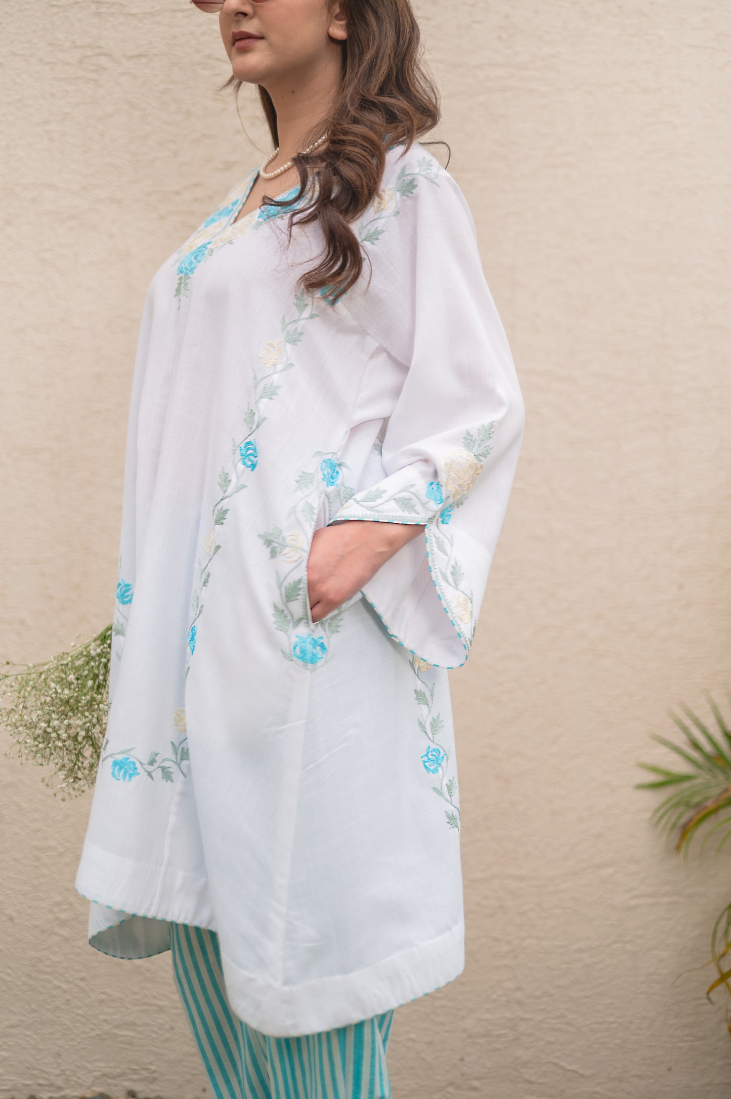 White Phiran With Blue Stripes Co-ord Set