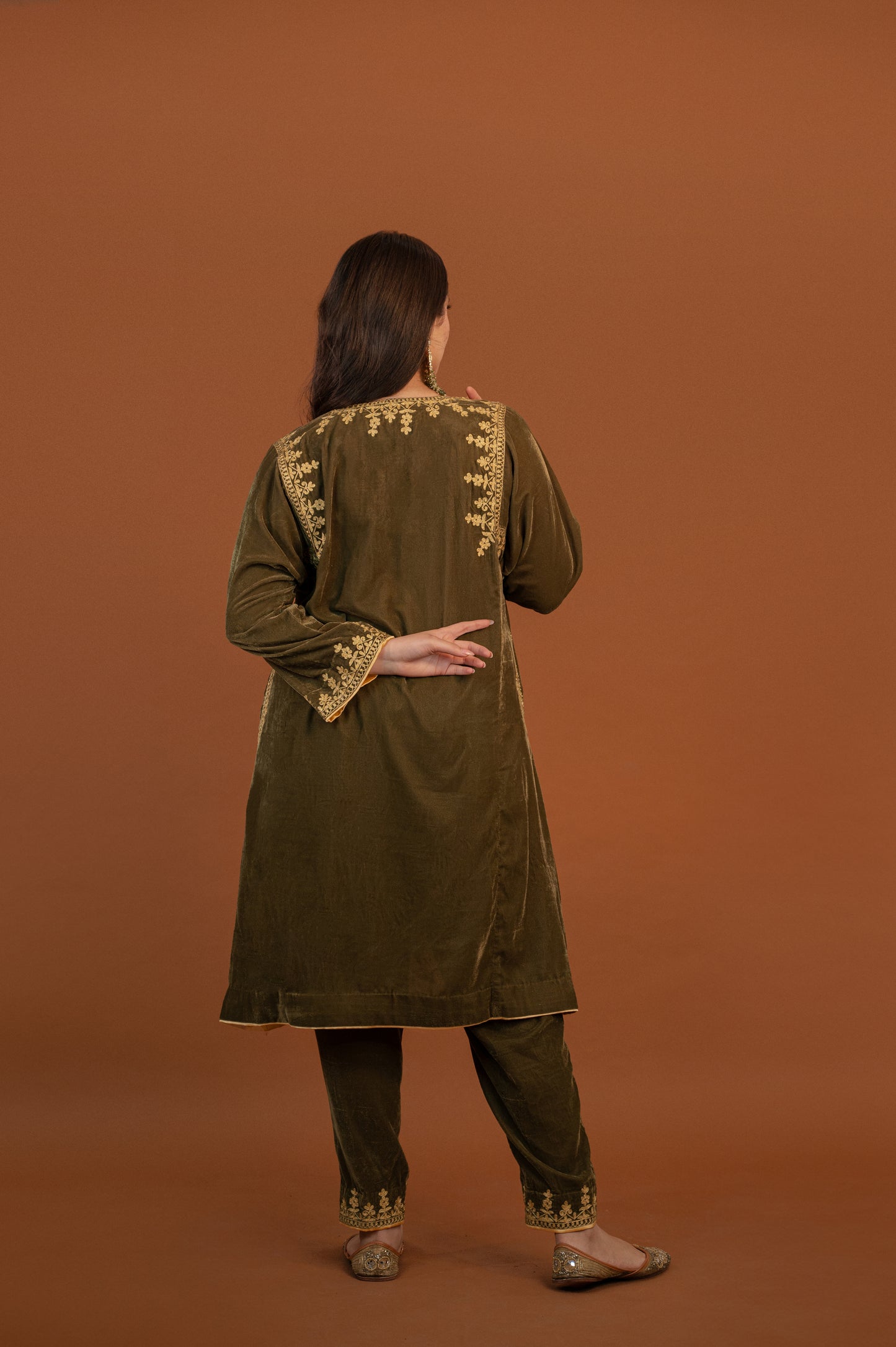Olive Green Velvet Phiran Pant