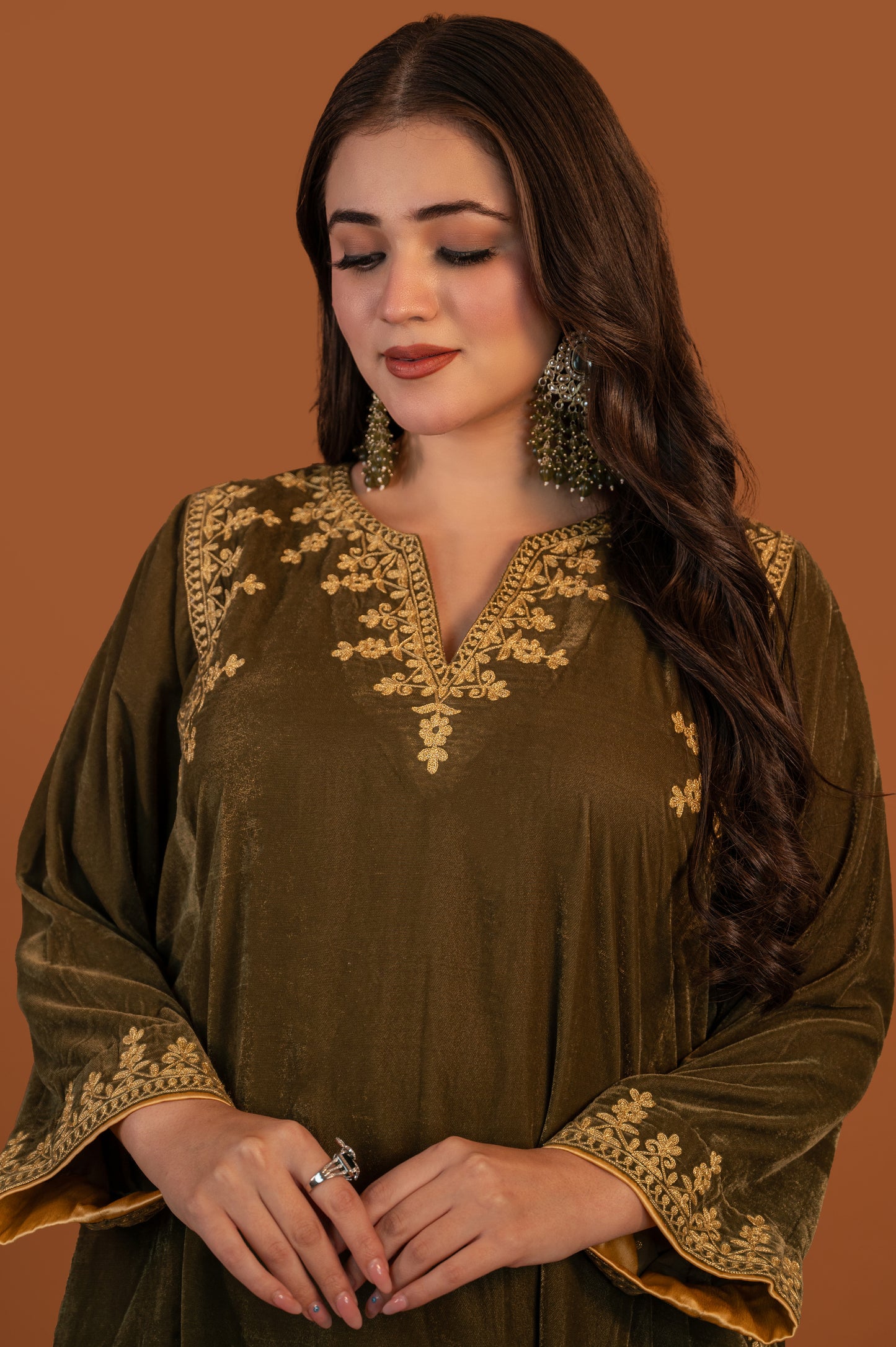 Olive Green Velvet Phiran Pant
