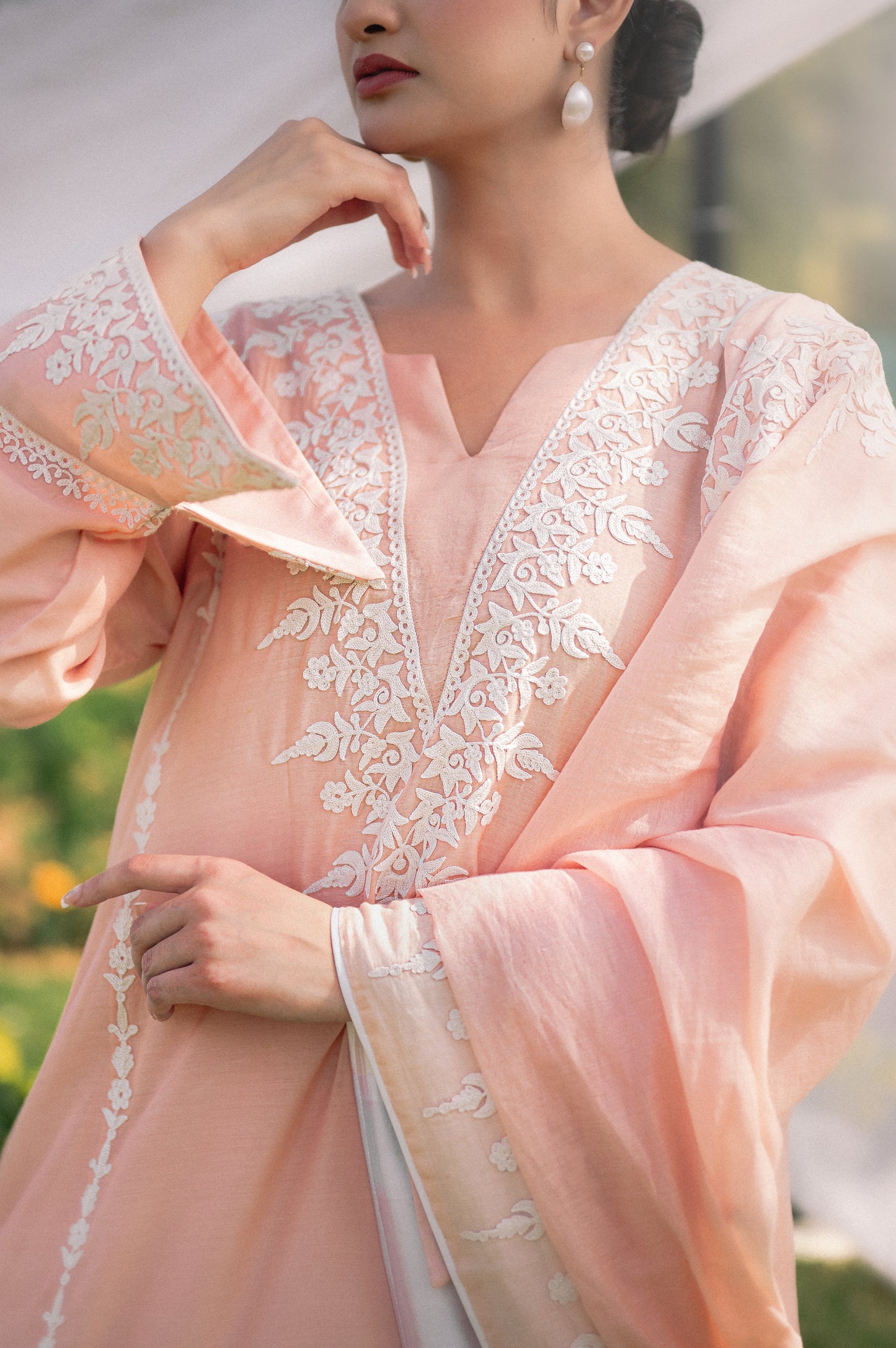 Light peach muslin suit with aari embroidery