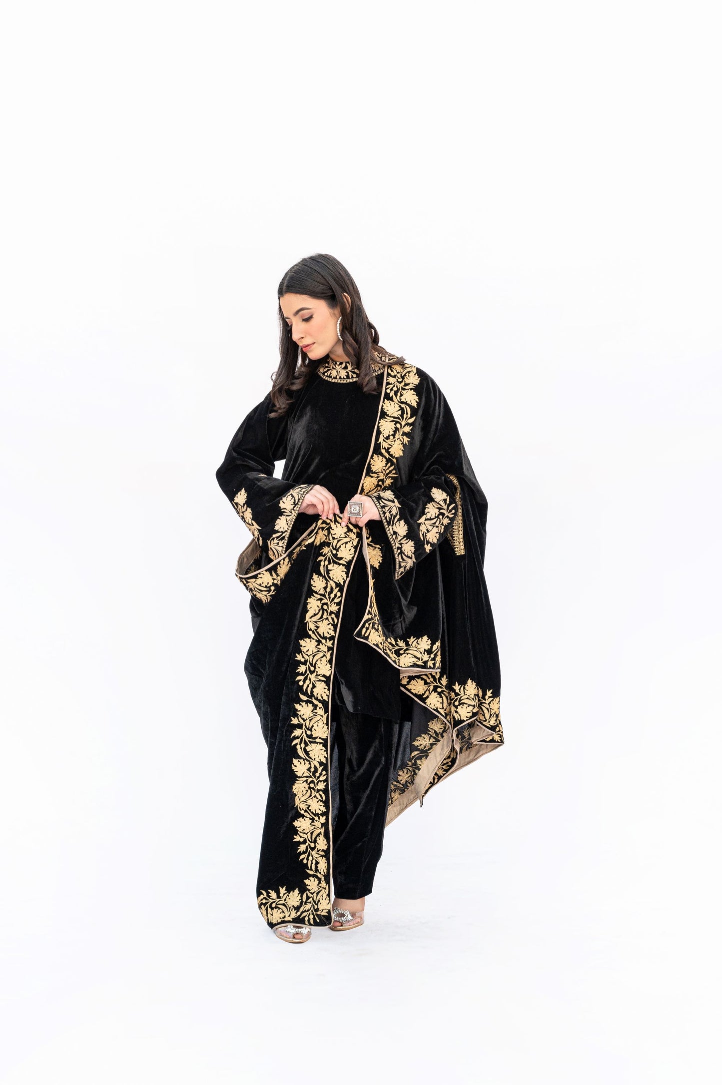 Black velvet Chinar border Cape Set