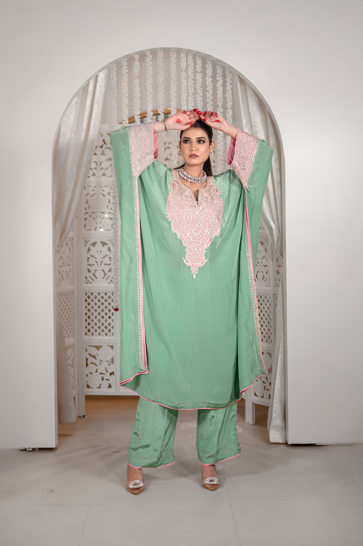 Green Crepe Kaftan Set