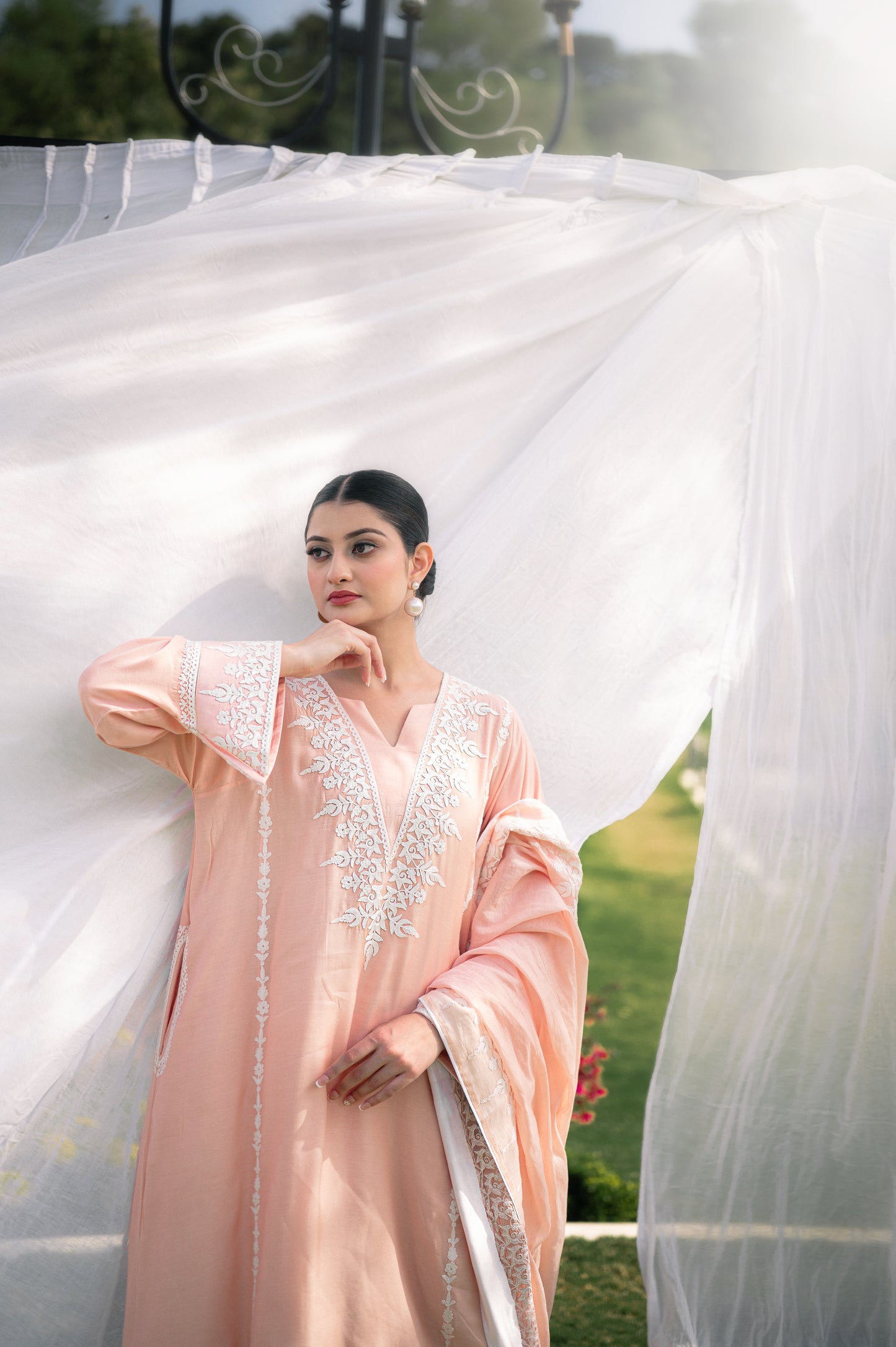 Light peach muslin suit with aari embroidery
