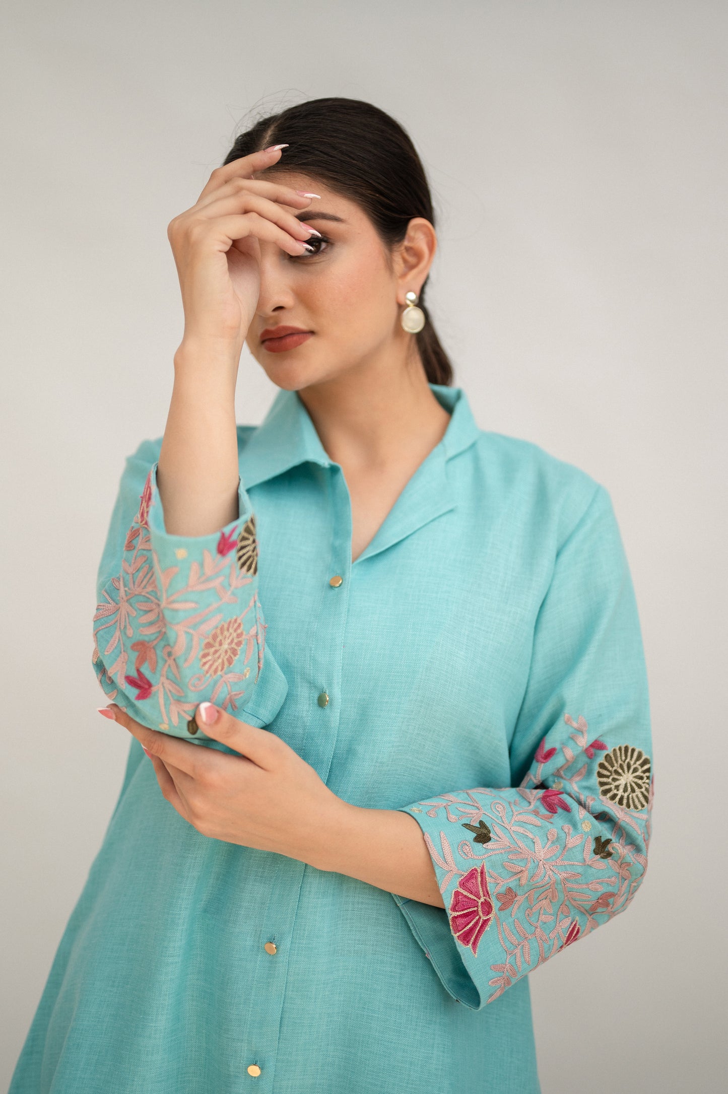 Aqua Blue Linen Collared Co-ord Set