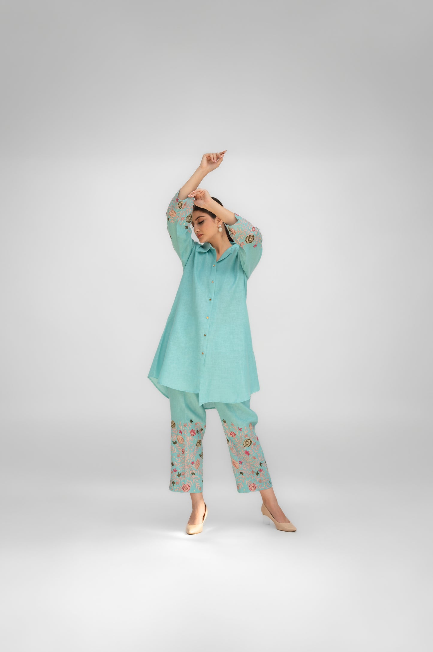 Aqua Blue Linen Collared Co-ord Set