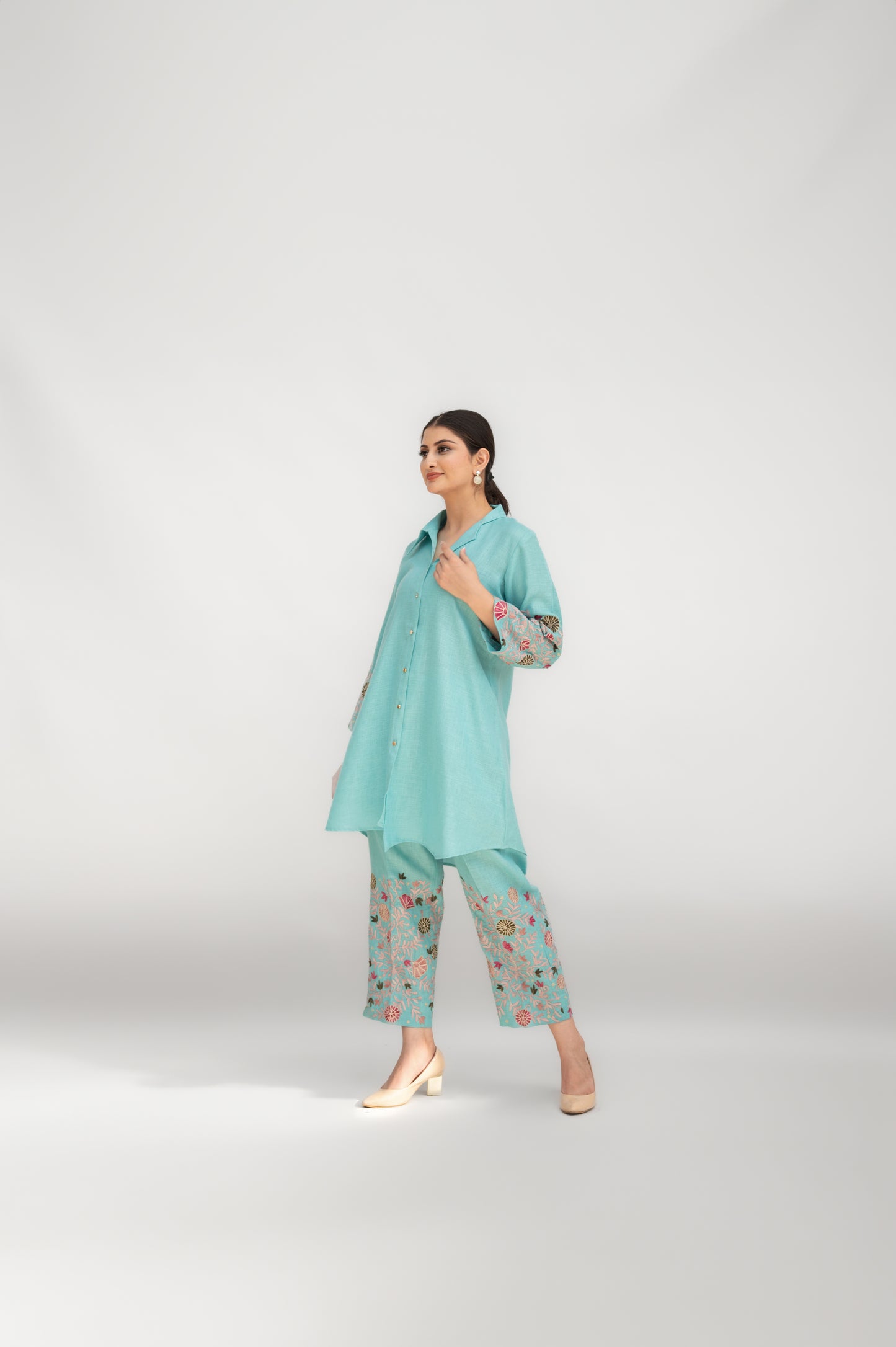 Aqua Blue Linen Collared Co-ord Set