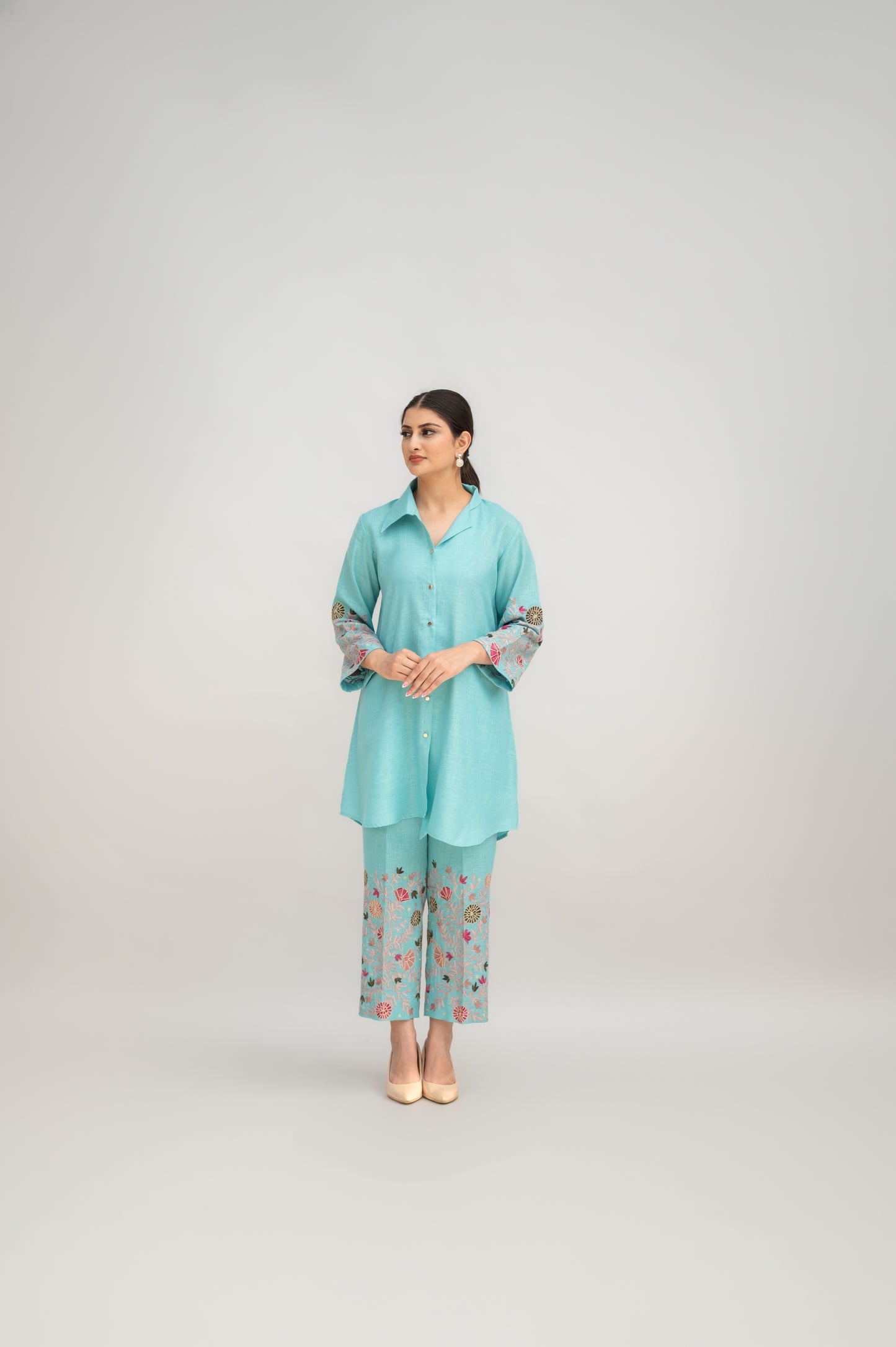 Aqua Blue Linen Collared Co-ord Set