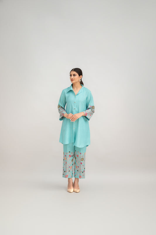 Aqua Blue Linen Collared Co-ord Set