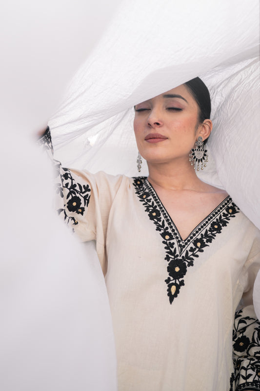 Beige cotton phiran set with black aari embroidery