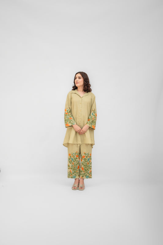 Fern Green Cotton Collared Co-ord Set