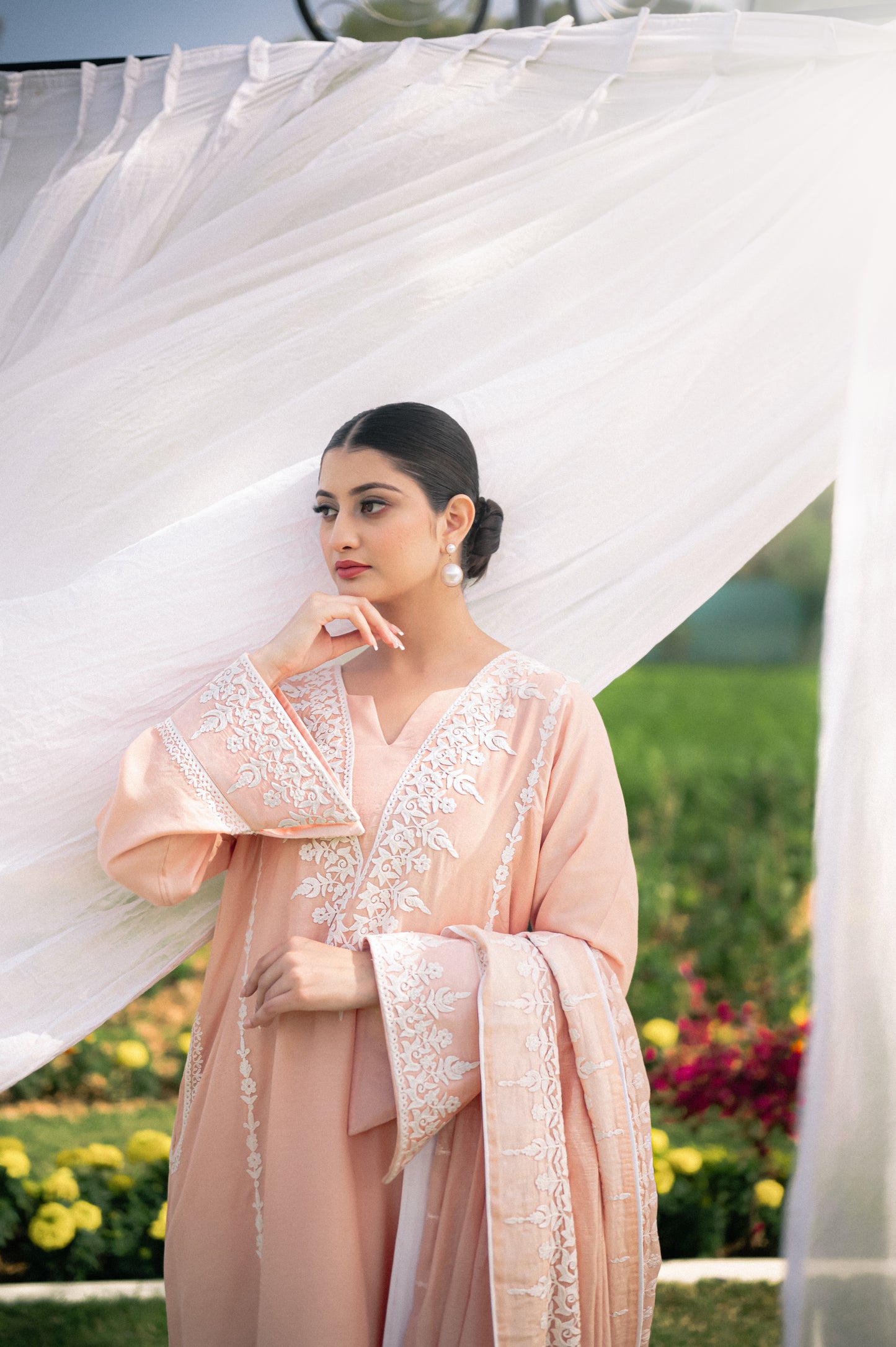 Light peach muslin suit with aari embroidery