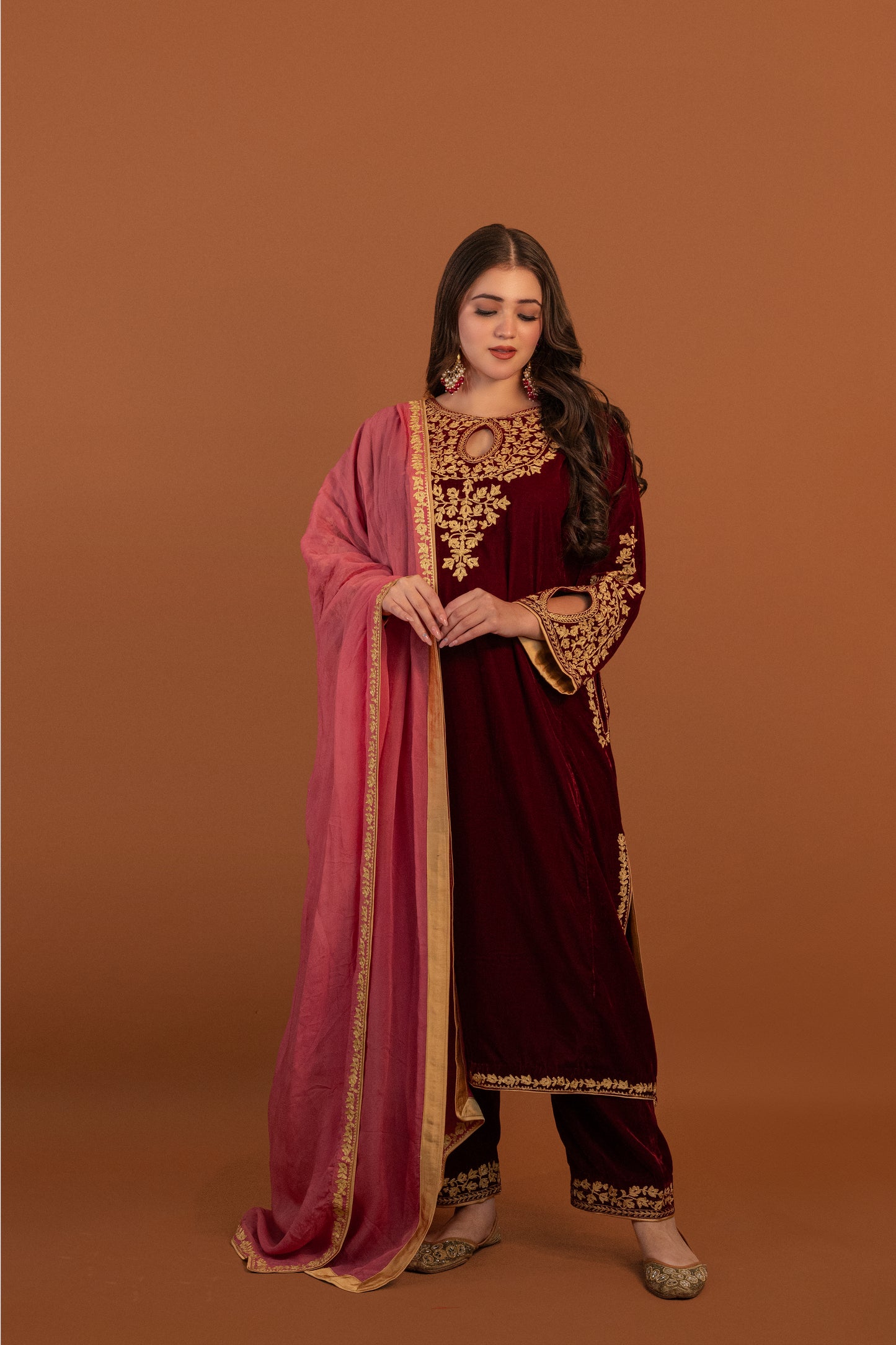 Maroon velvet cutwork aari tilla suit
