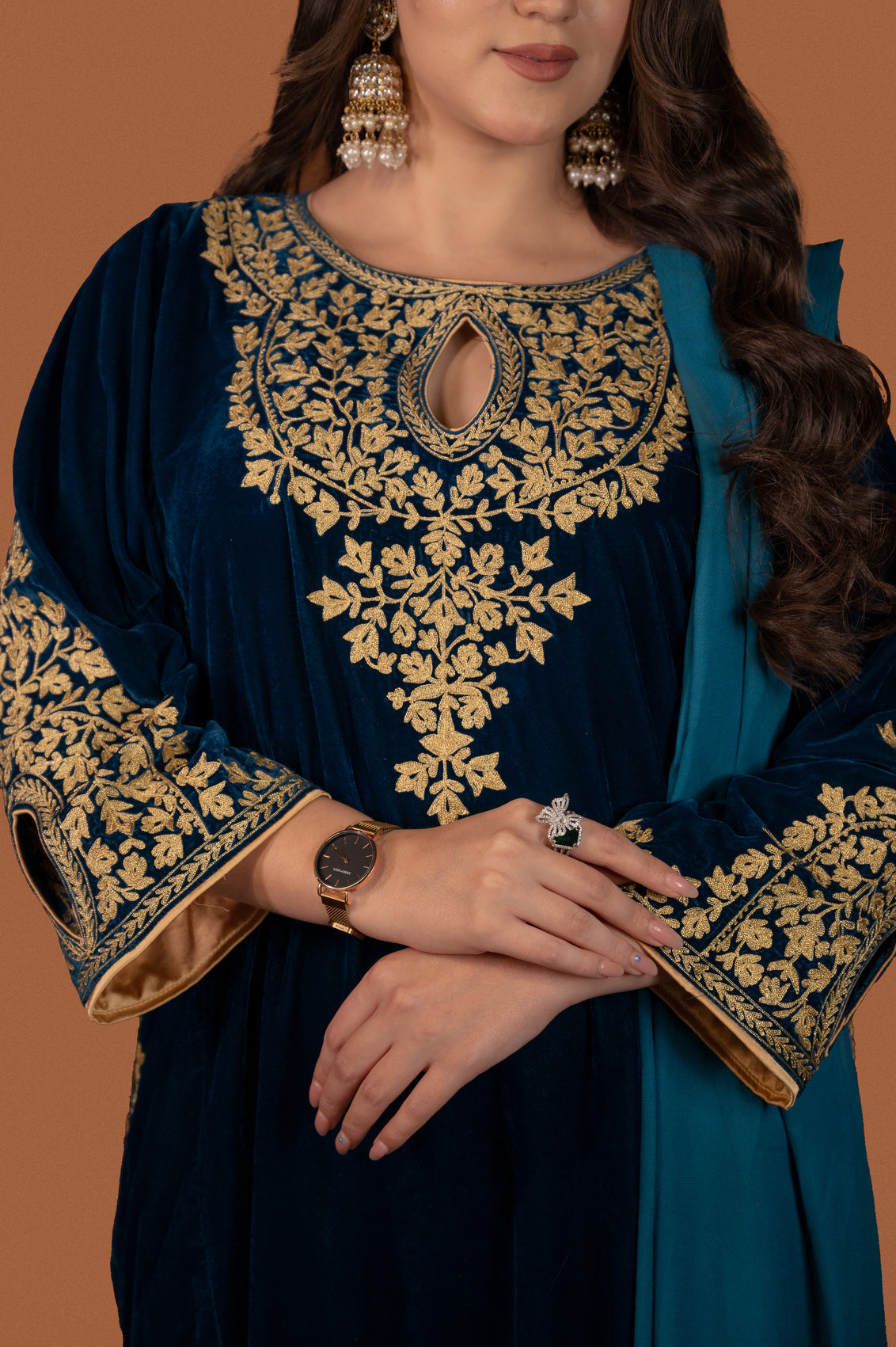 Peacock Blue Velvet Aari Tilla Suit