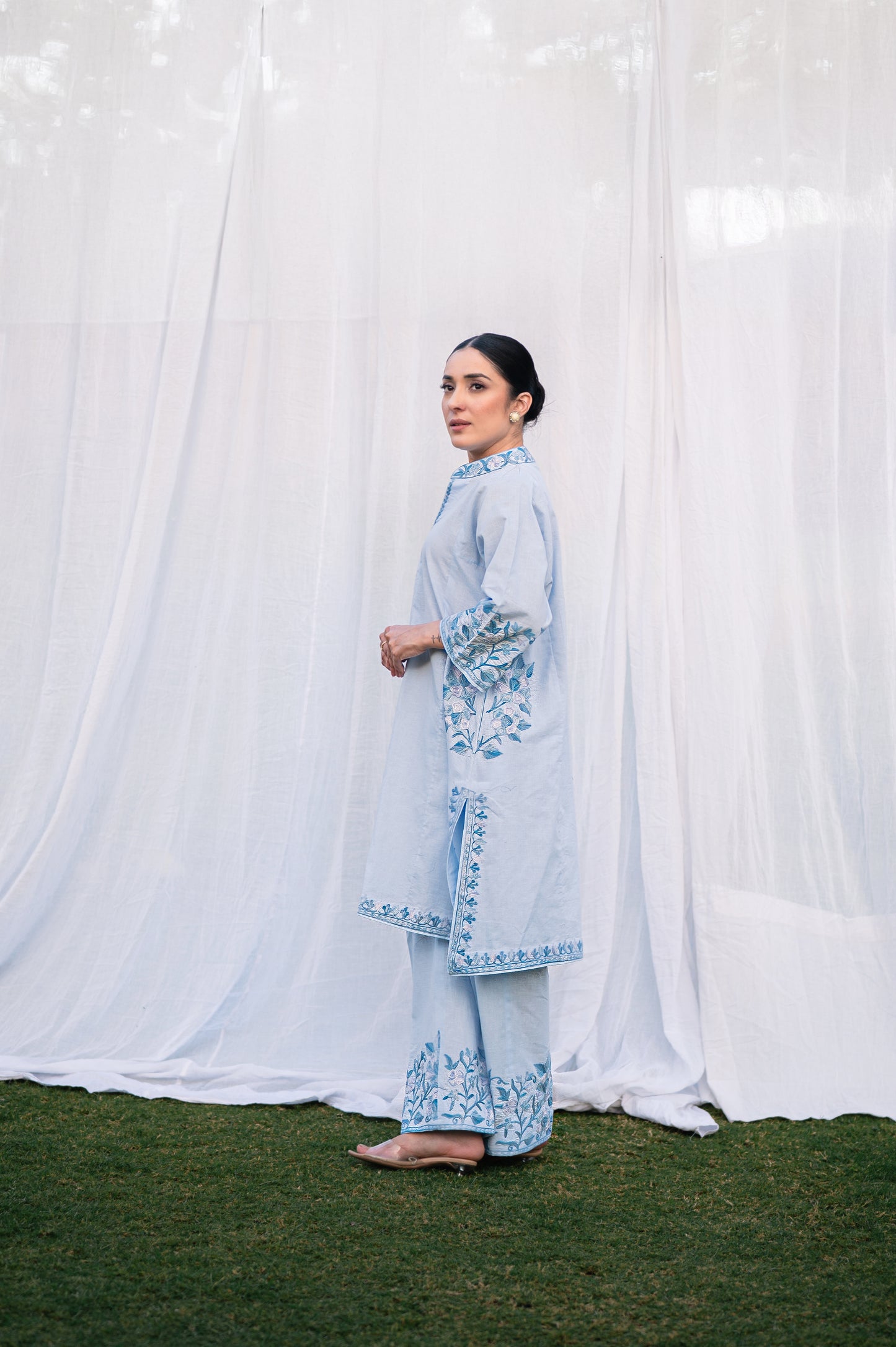 Ice blue cotton phiran set
