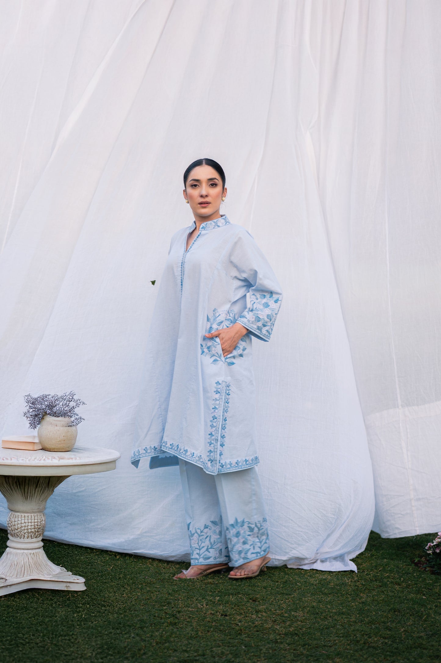 Ice blue cotton phiran set
