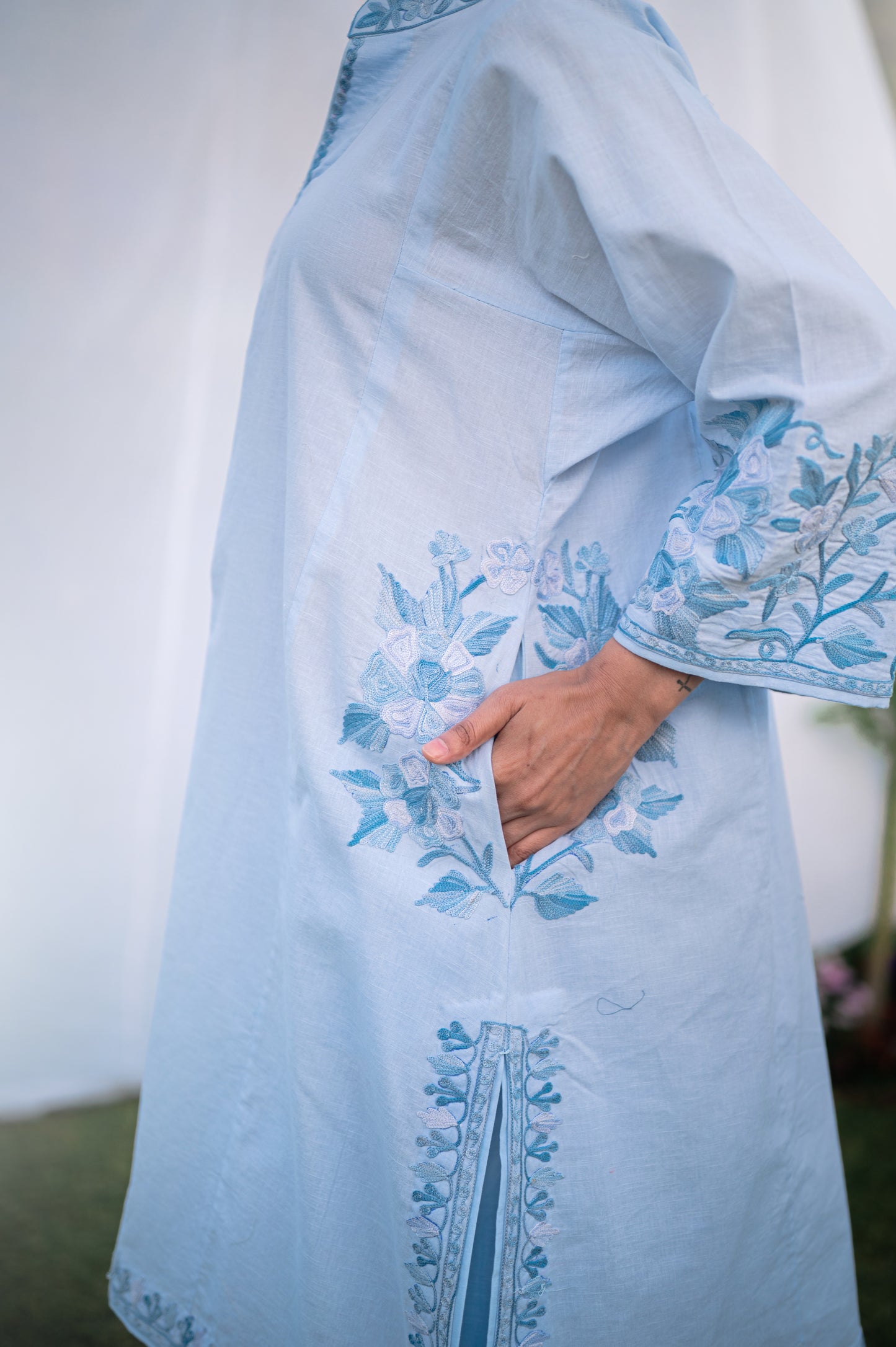 Ice blue cotton phiran set