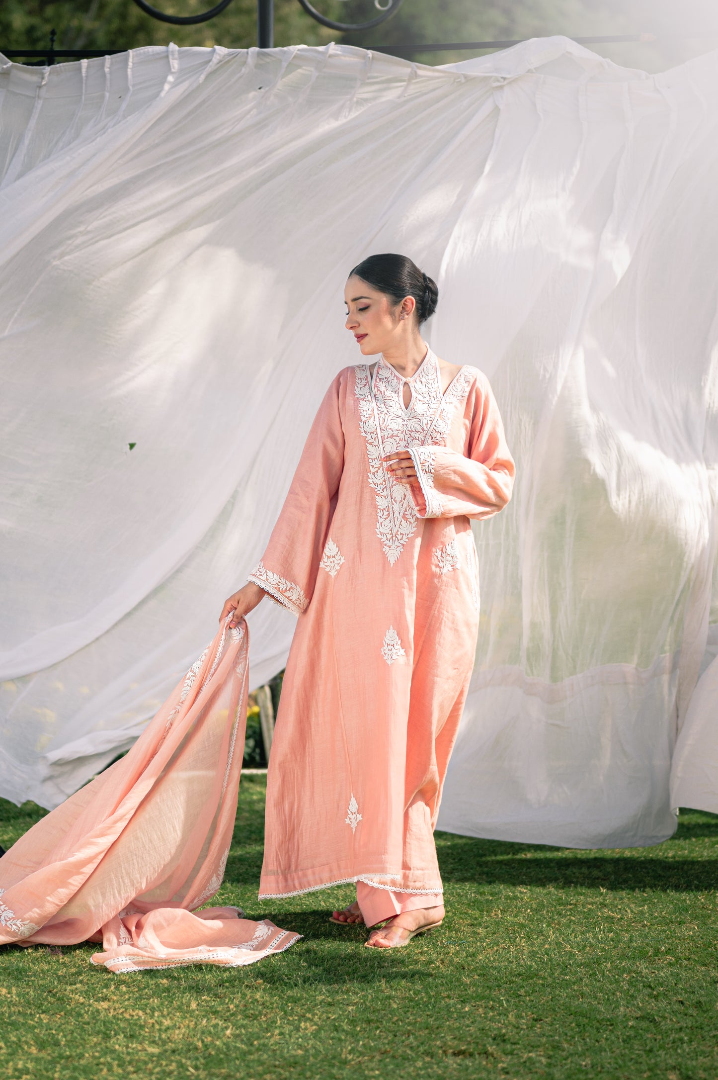 Pastel pink silk chanderi suit with aari embroidery