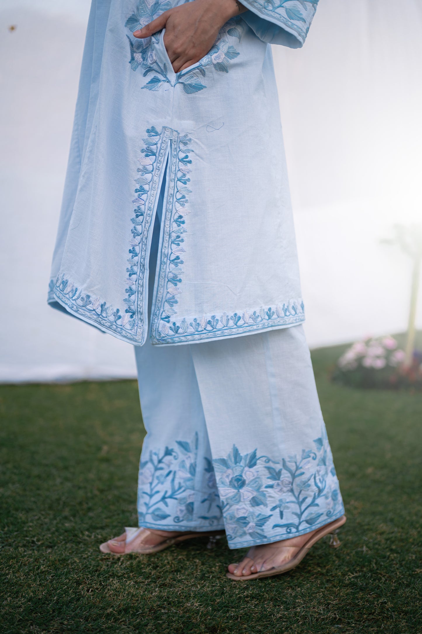 Ice blue cotton phiran set