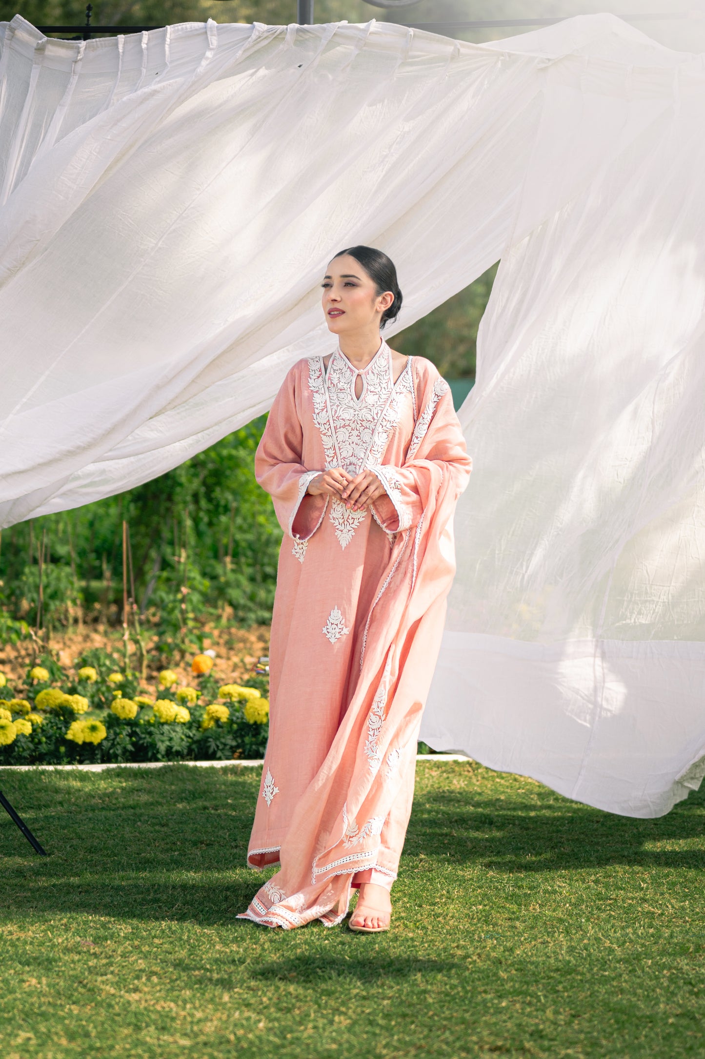 Pastel pink silk chanderi suit with aari embroidery