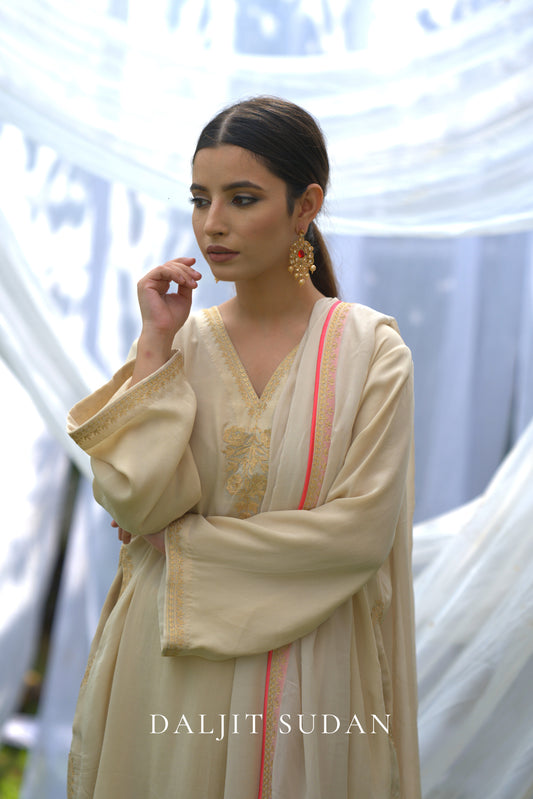 Cream Crepe Aari Tilla Suit