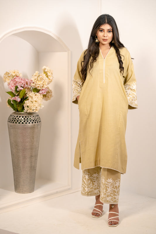 Light Green Cotton Phiran Set With Aari Embroidery