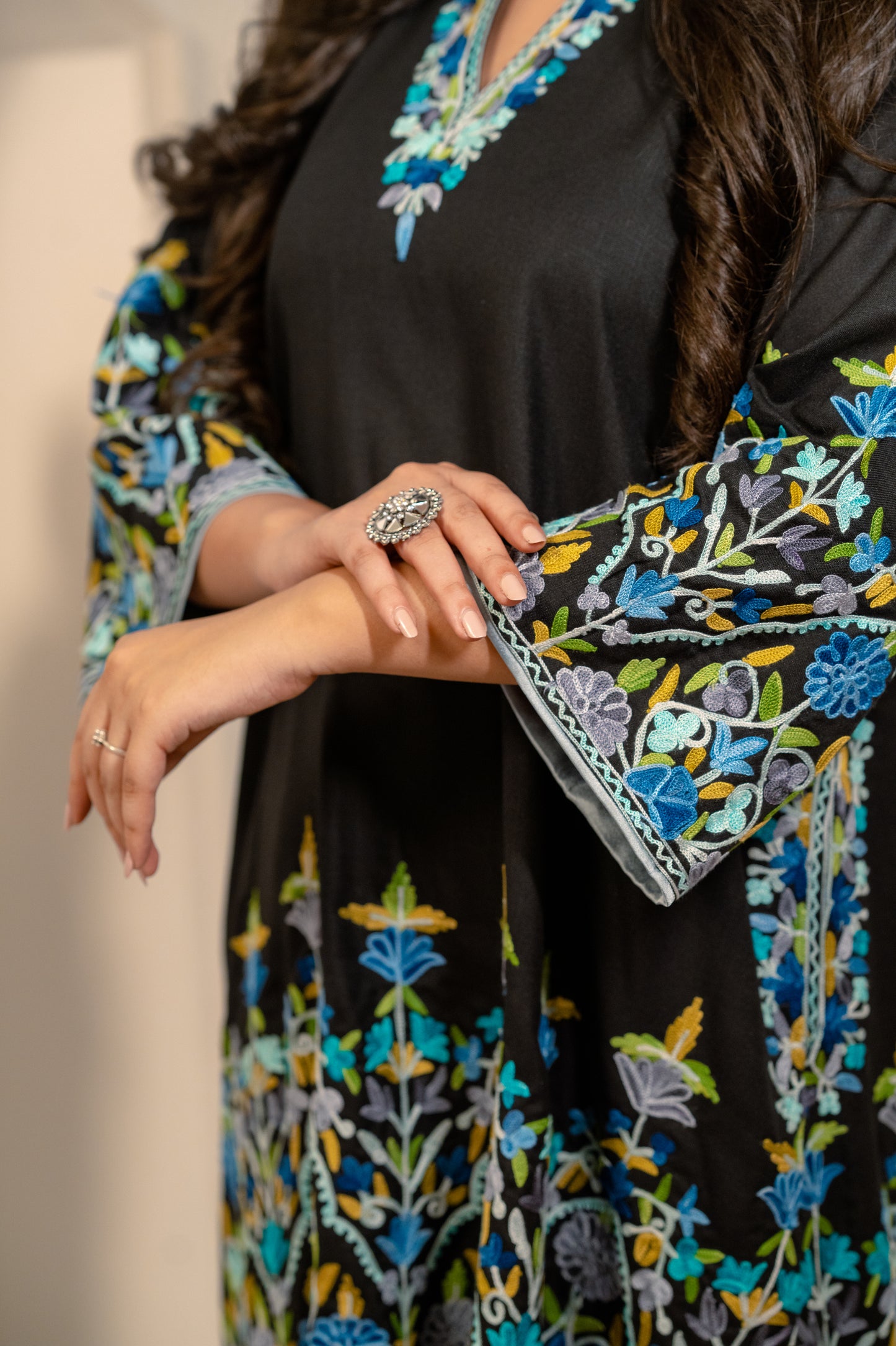 Black Cotton Phiran Set With Multicolour Aari Embroidery