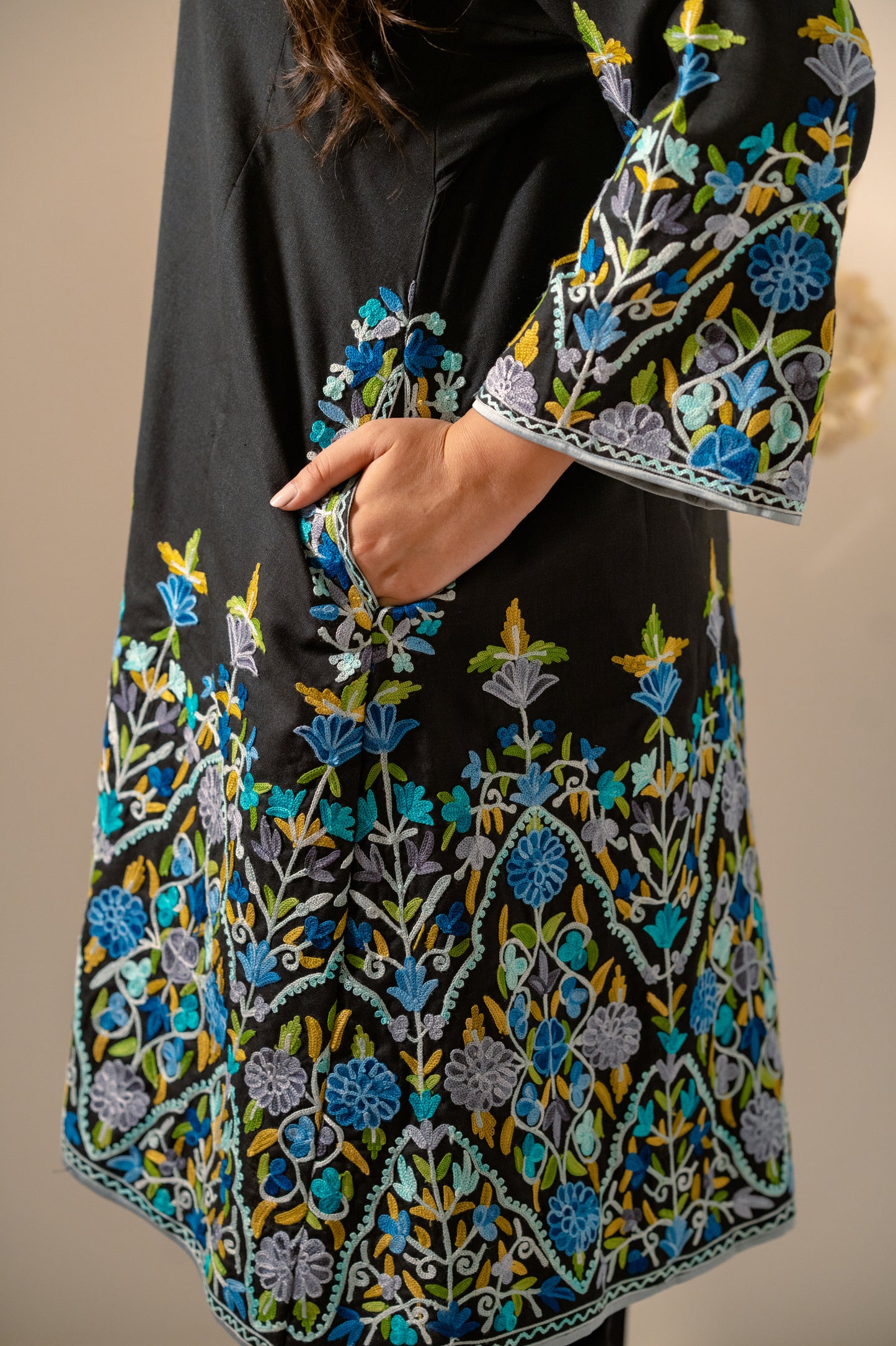 Black Cotton Phiran Set With Multicolour Aari Embroidery