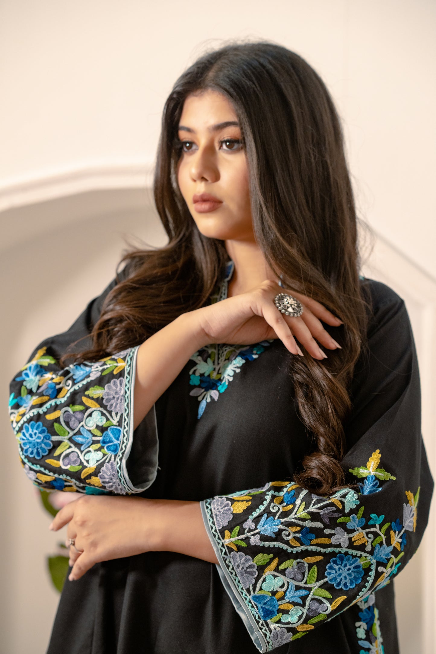 Black Cotton Phiran Set With Multicolour Aari Embroidery