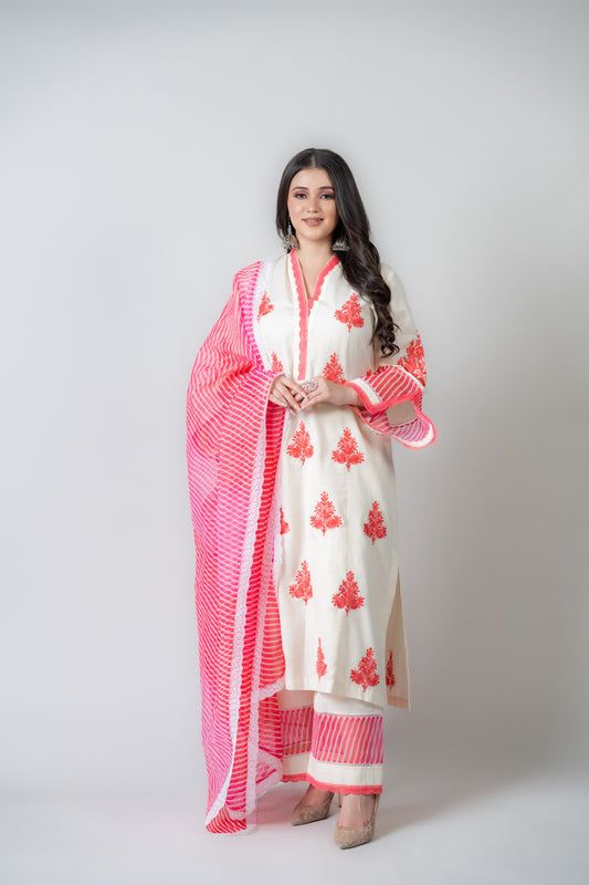 White Mulmul Suit with Pink Stripe Dupatta