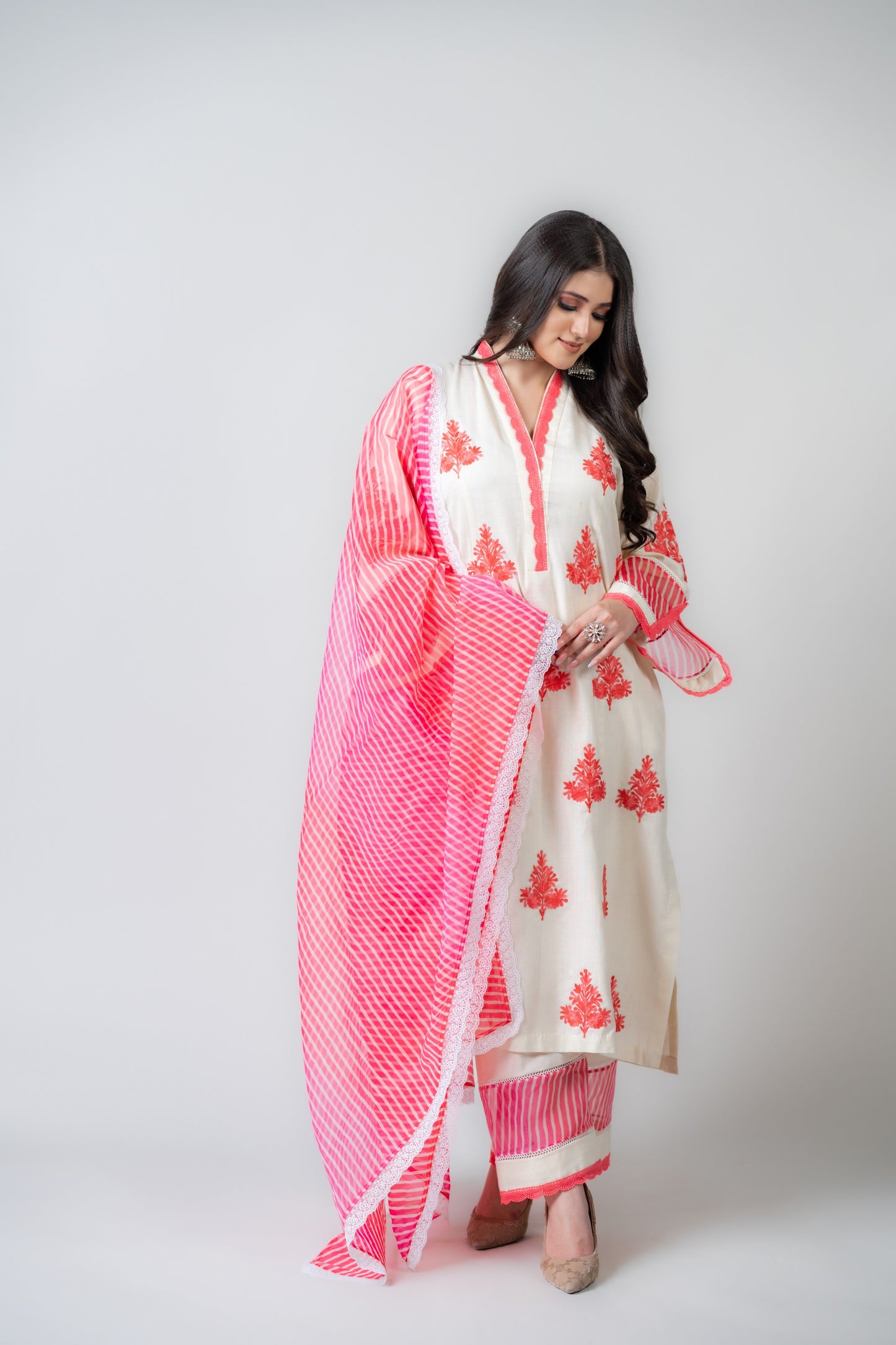White Mulmul Suit with Pink Stripe Dupatta