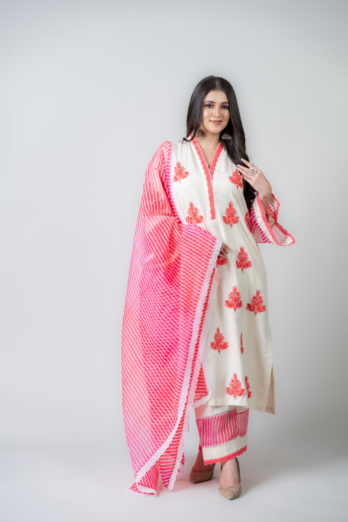 White Mulmul Suit with Pink Stripe Dupatta