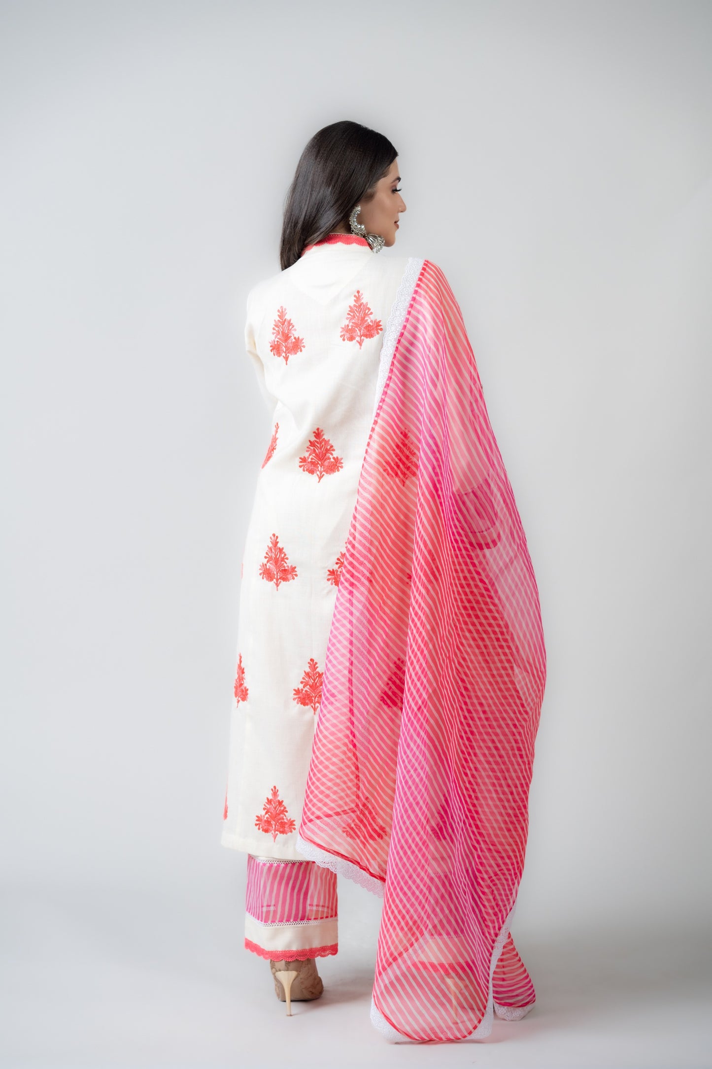 White Mulmul Suit with Pink Stripe Dupatta