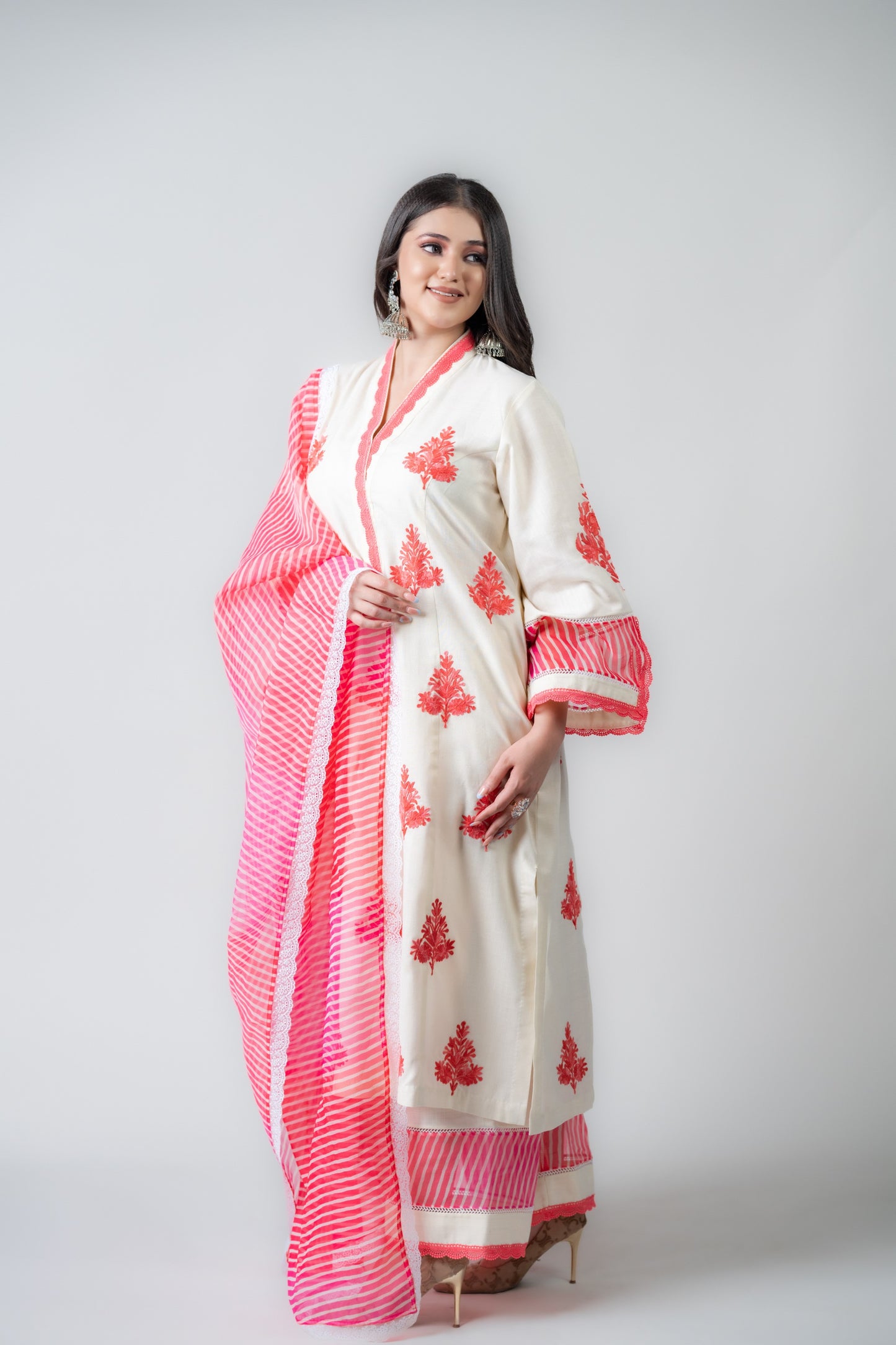 White Mulmul Suit with Pink Stripe Dupatta