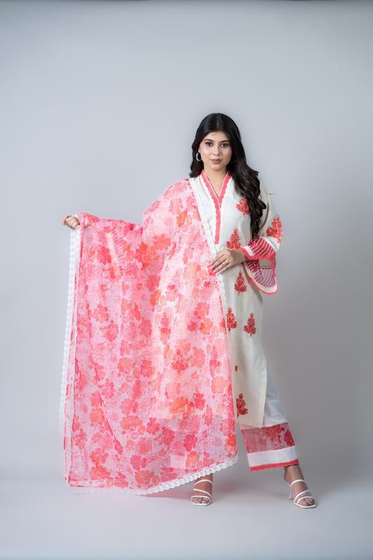 White Cotton Suit With Pink floral dupatta