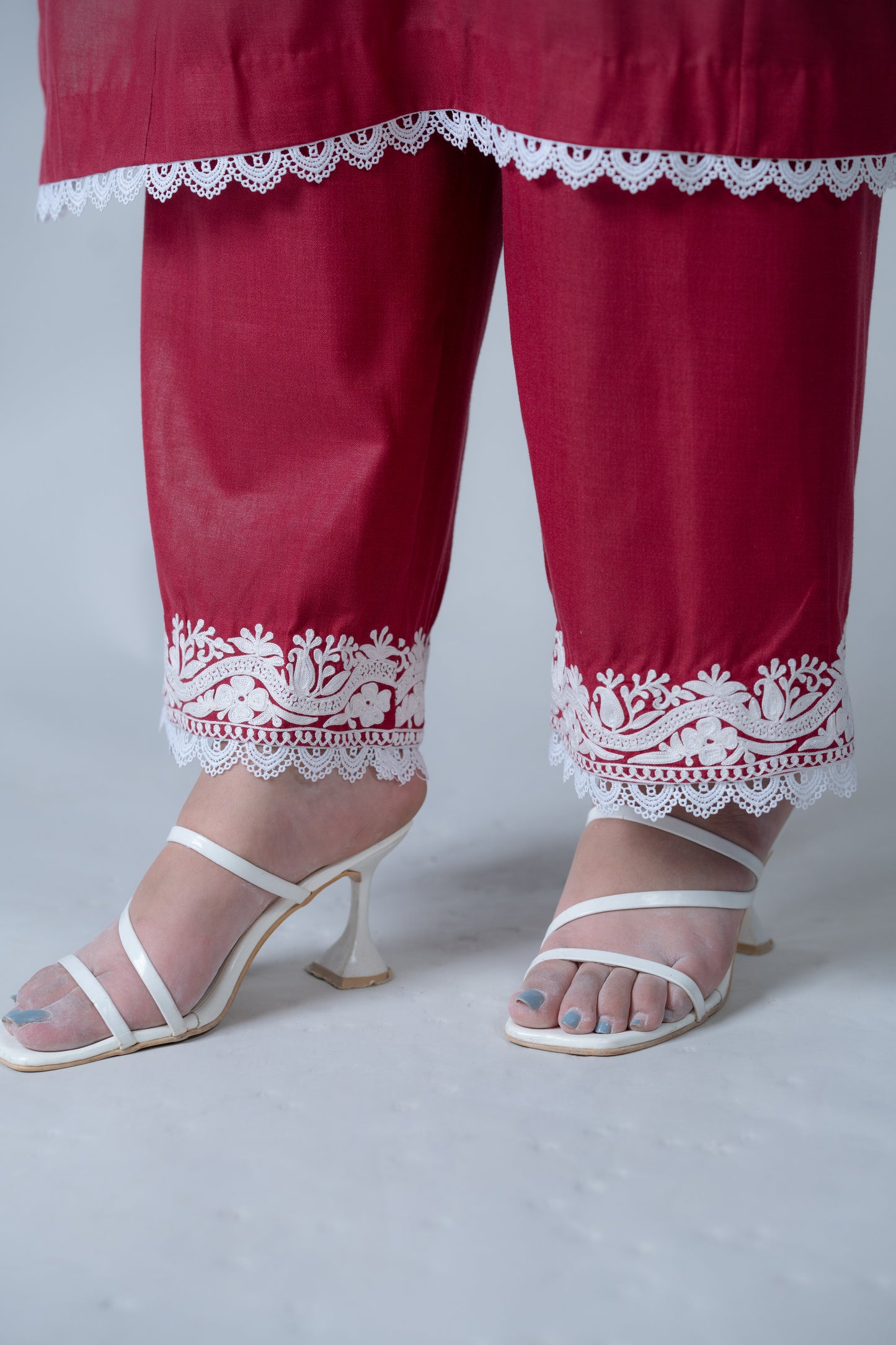 Cherry Red Cotton Suit with White Aari Embroidery