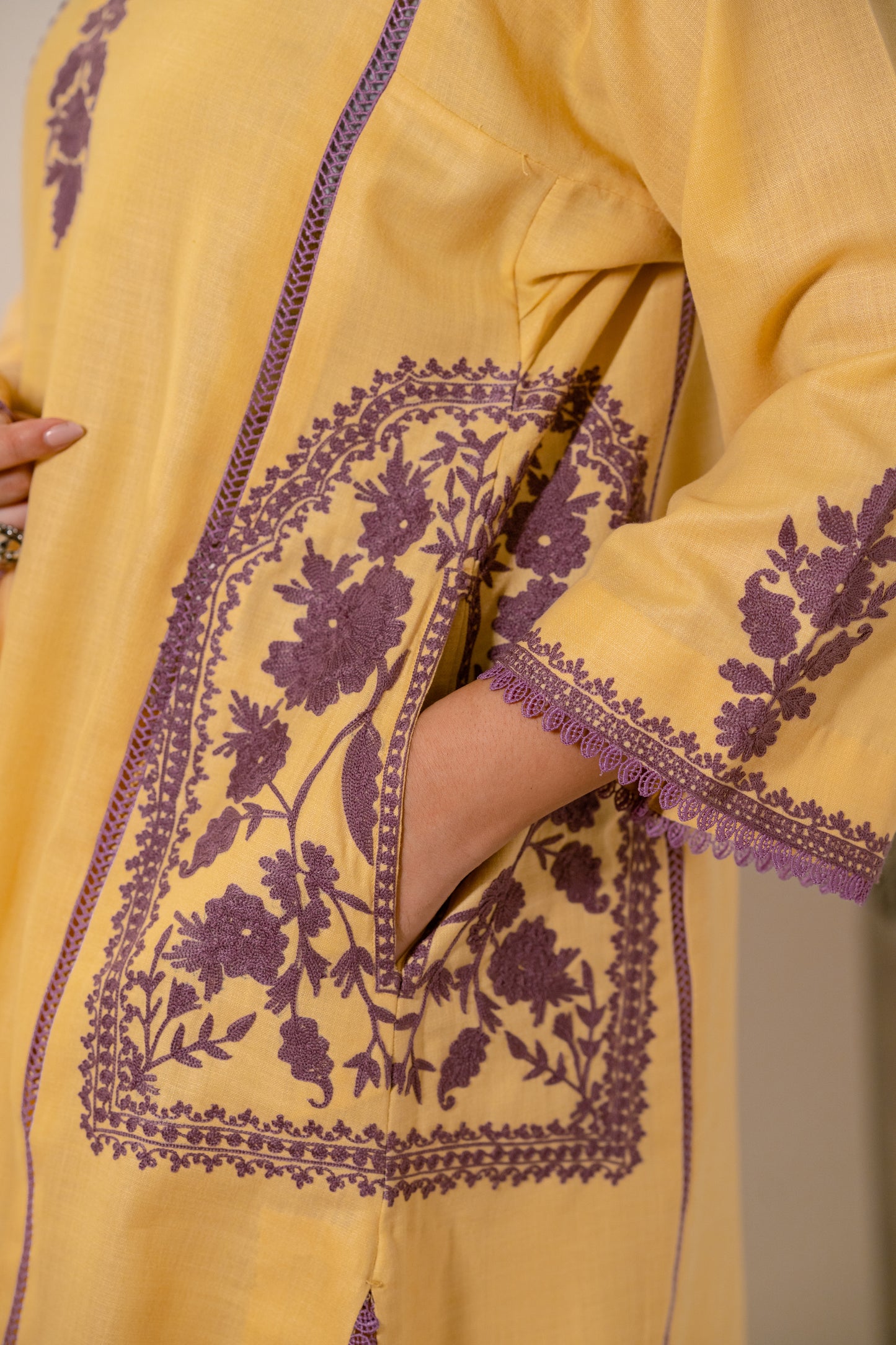 Cream Cotton Suit with Purple Aari Embroidery
