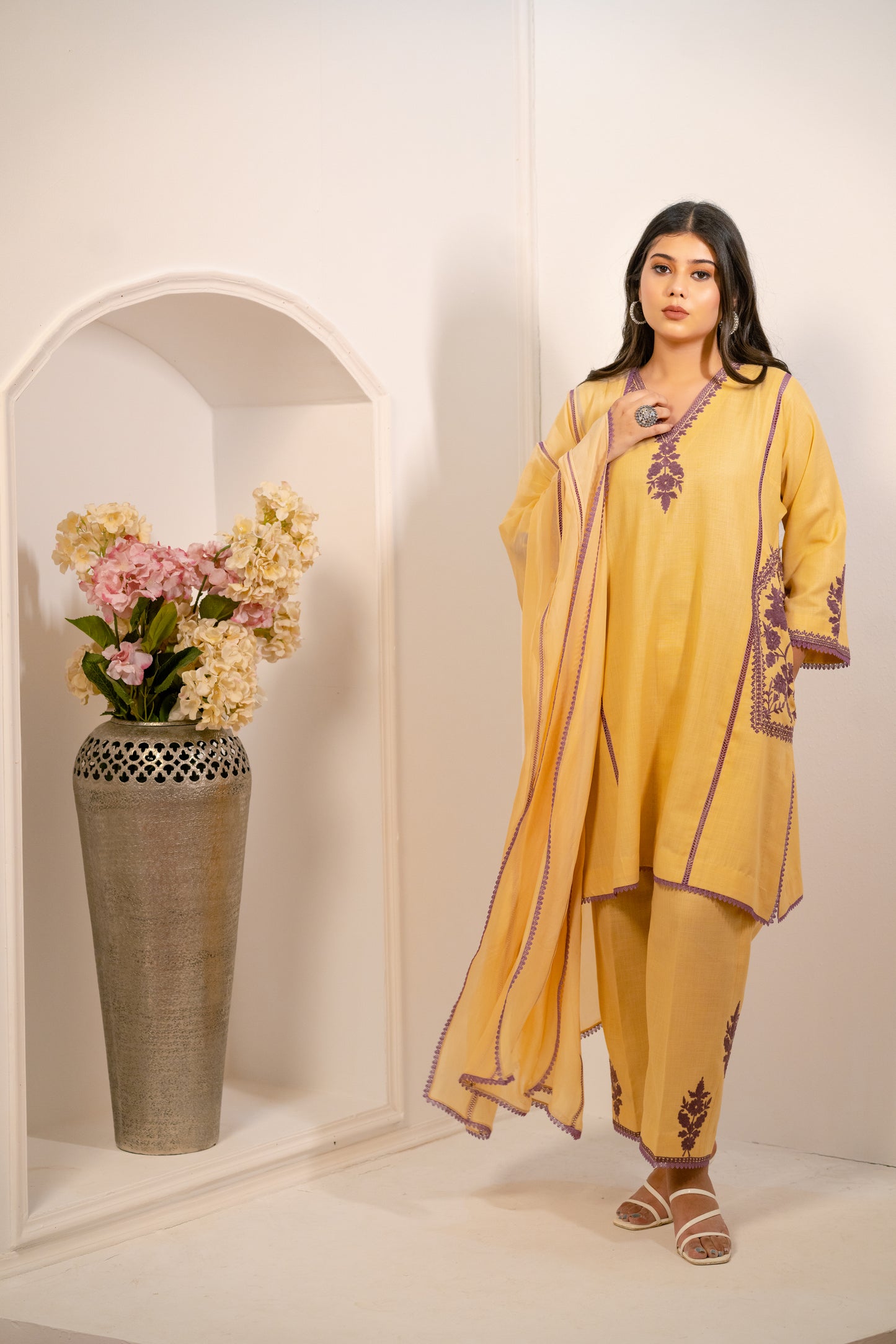 Cream Cotton Suit with Purple Aari Embroidery