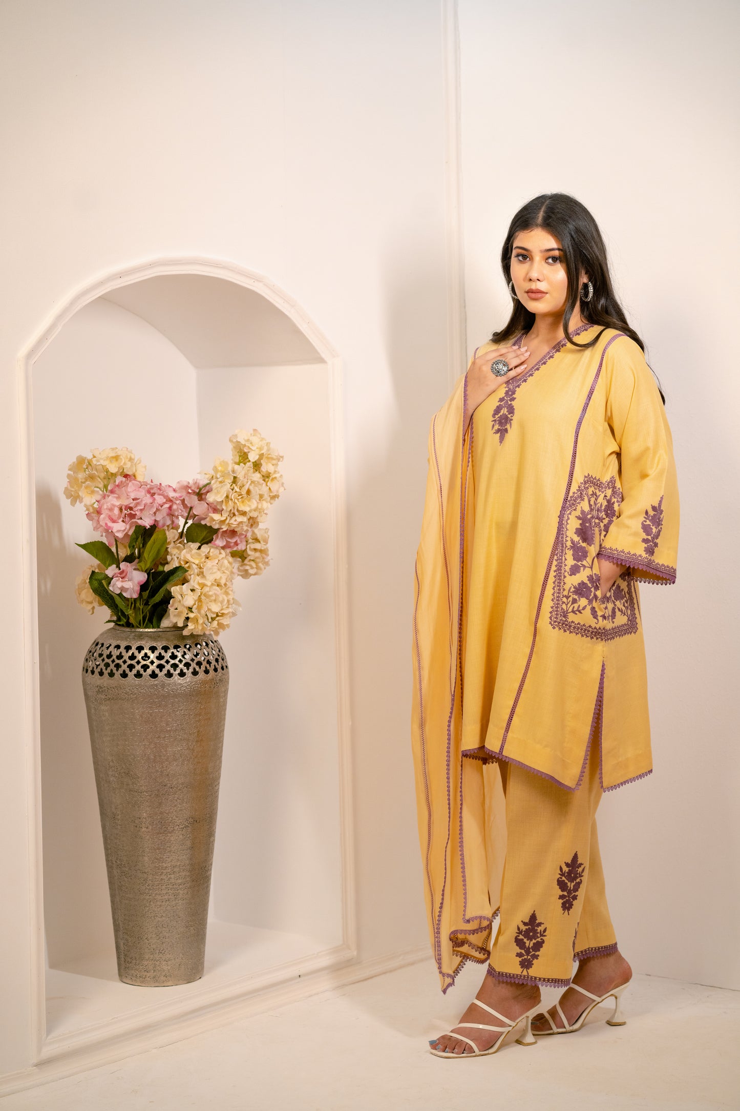 Cream Cotton Suit with Purple Aari Embroidery