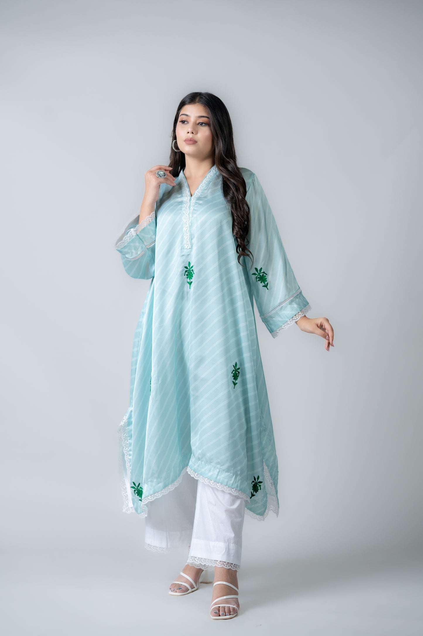 Light teal stripes modal satin kurta and pant