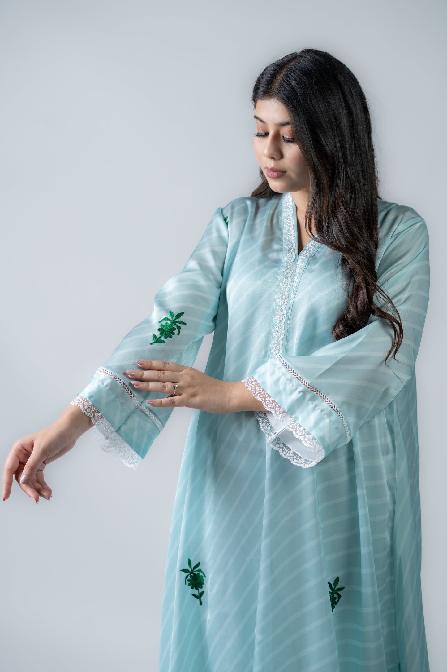 Light teal stripes modal satin kurta and pant