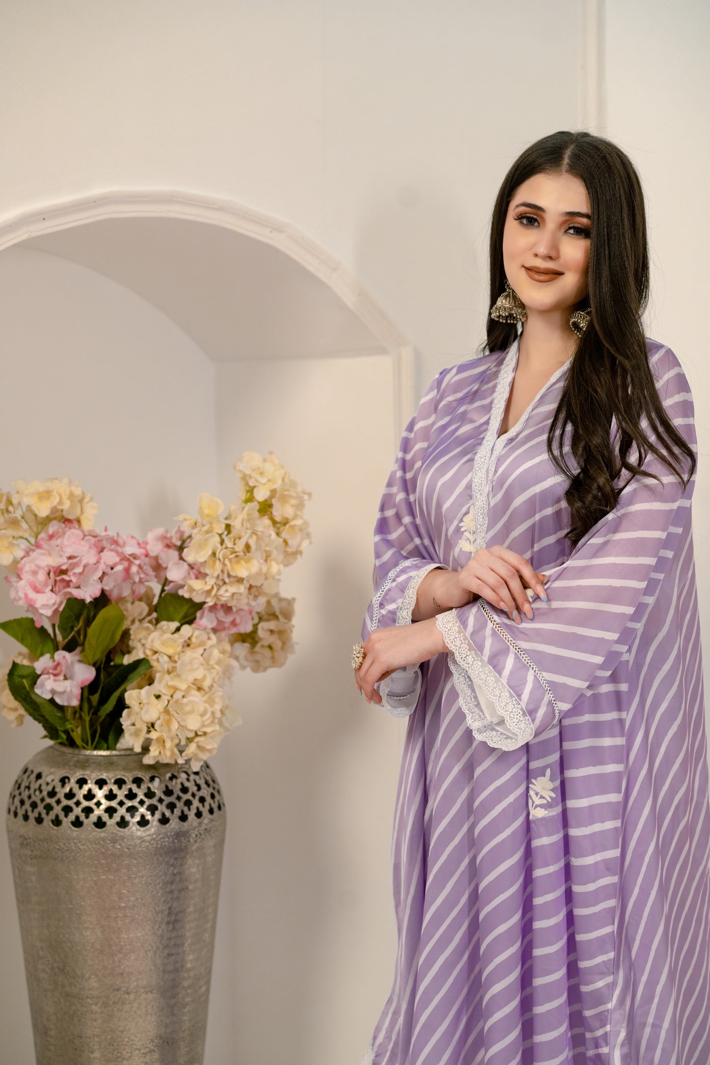 Light purple stripes modal satin kurta and pant
