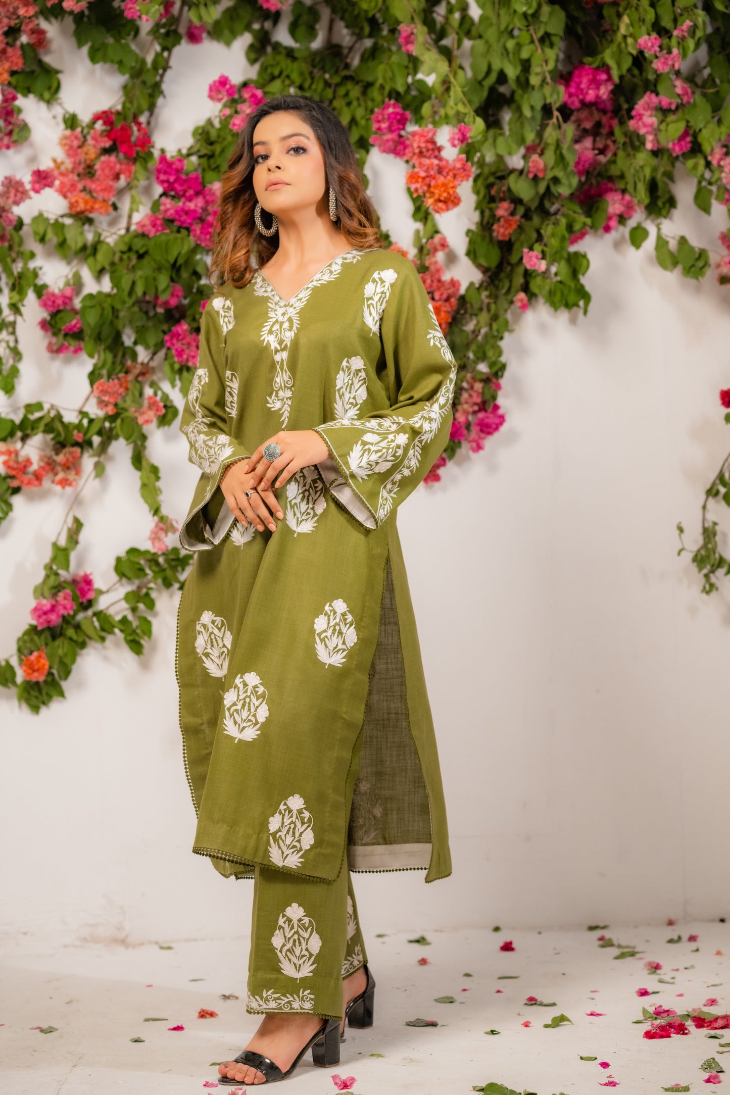 Olive Green Cotton Suit with White Aari Embroidery