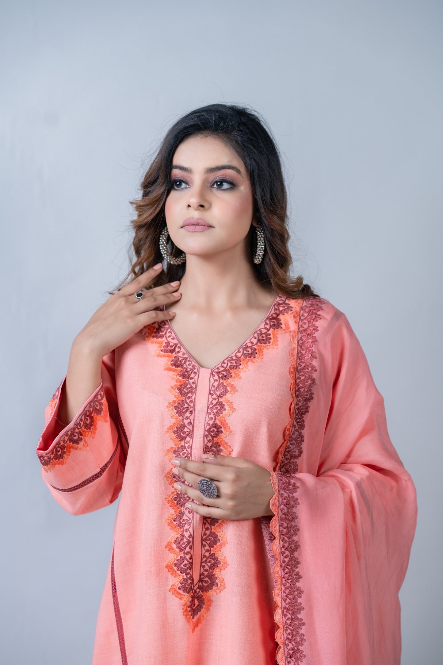 Peach Cotton Suit with White Aari Embroidery